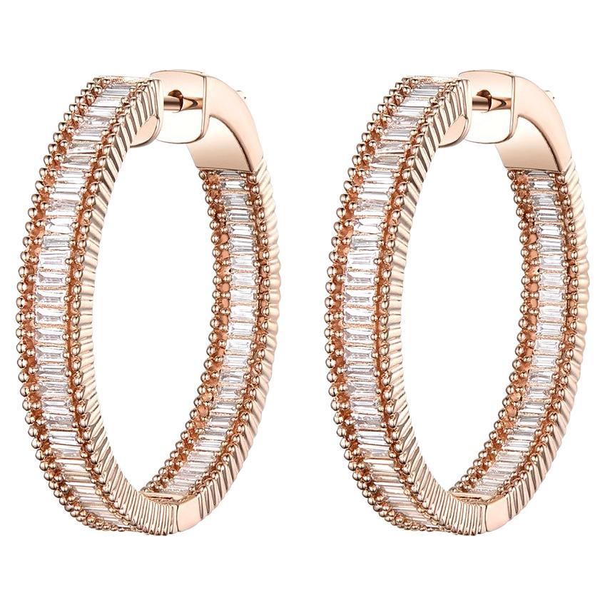 Taper Diamond Hoop Earrings in 18 Karat Rose Gold For Sale