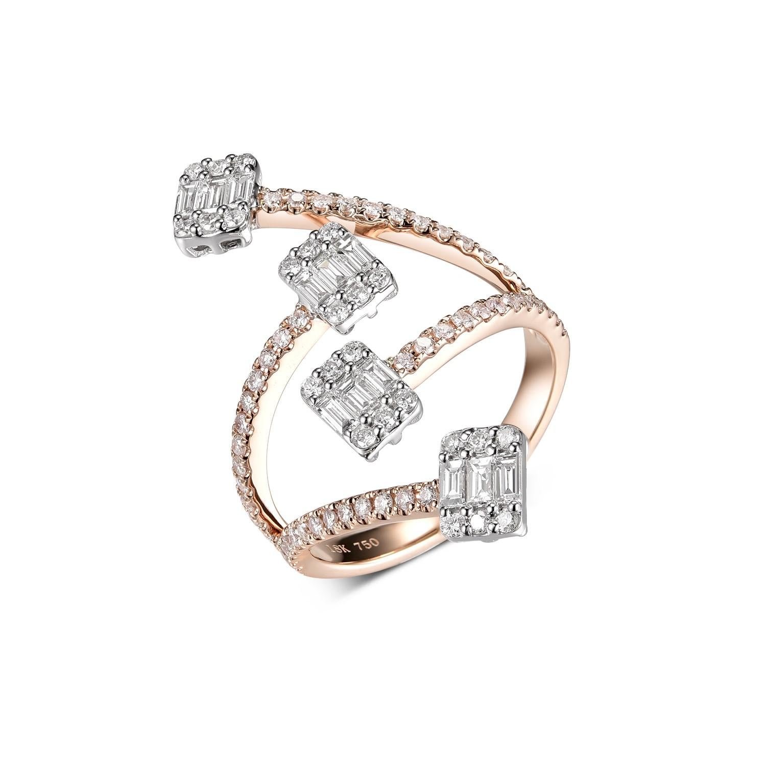 This diamond ring feature 0.43 carat of taper diamond and 0.57 carat of round diamonds. Ring is set in 18 karat rose and white gold. 

Taper Diamond 0.43 carat
Round Diamonds 0.57 carat
US 6.5
Resizing is available 