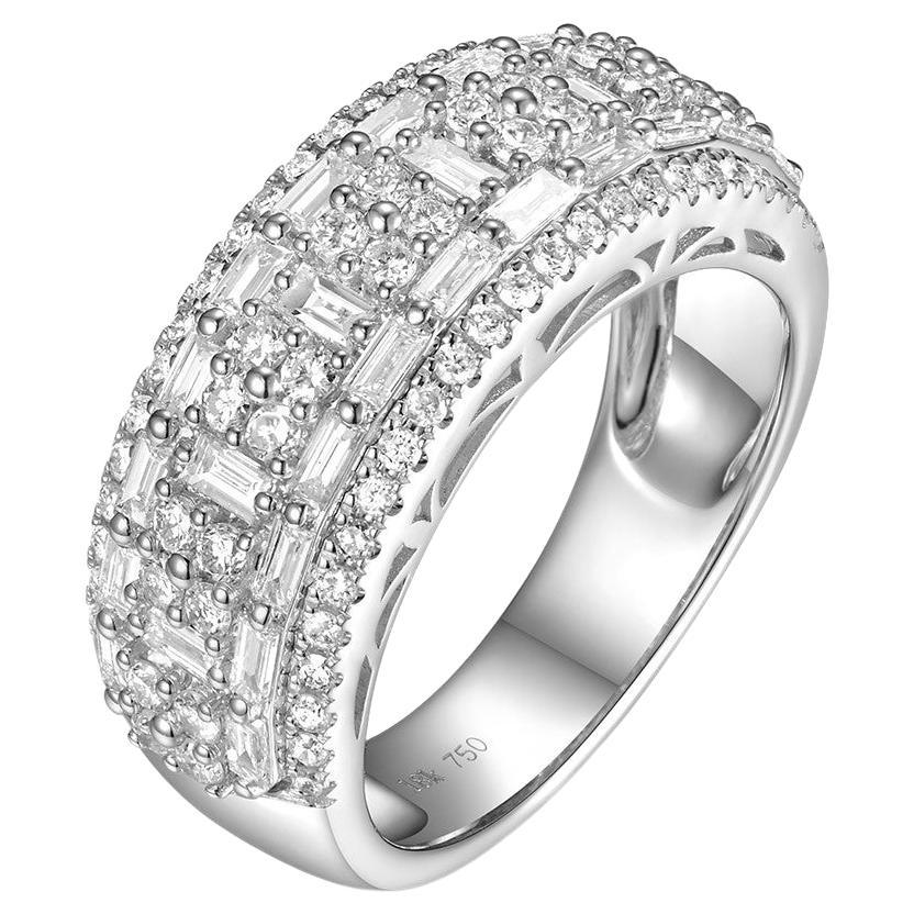 This diamond band ring features 0.64 carat of taper diamonds and 0.71 carat of round diamonds. Diamonds are set in 18 karat white gold. Great for everyday use and it is stack-able with other thinner band rings. 
Taper diamonds F color VS clarity