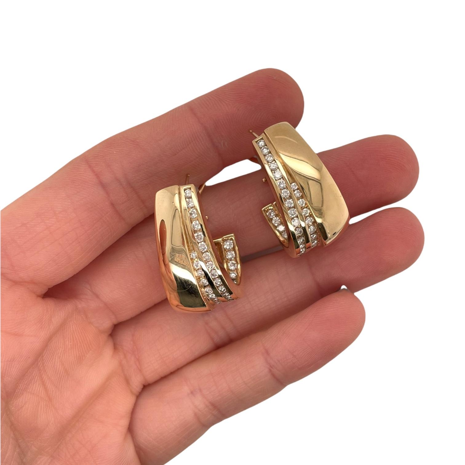 Earrings contain 64 round brilliant diamonds, 1.25cts. Diamonds are near colorless and VS2 in clarity, excellent cut. All stones are mounted in a handmade channel setting on the inside & outside of the hoop. Earrings contain a french clip post back.