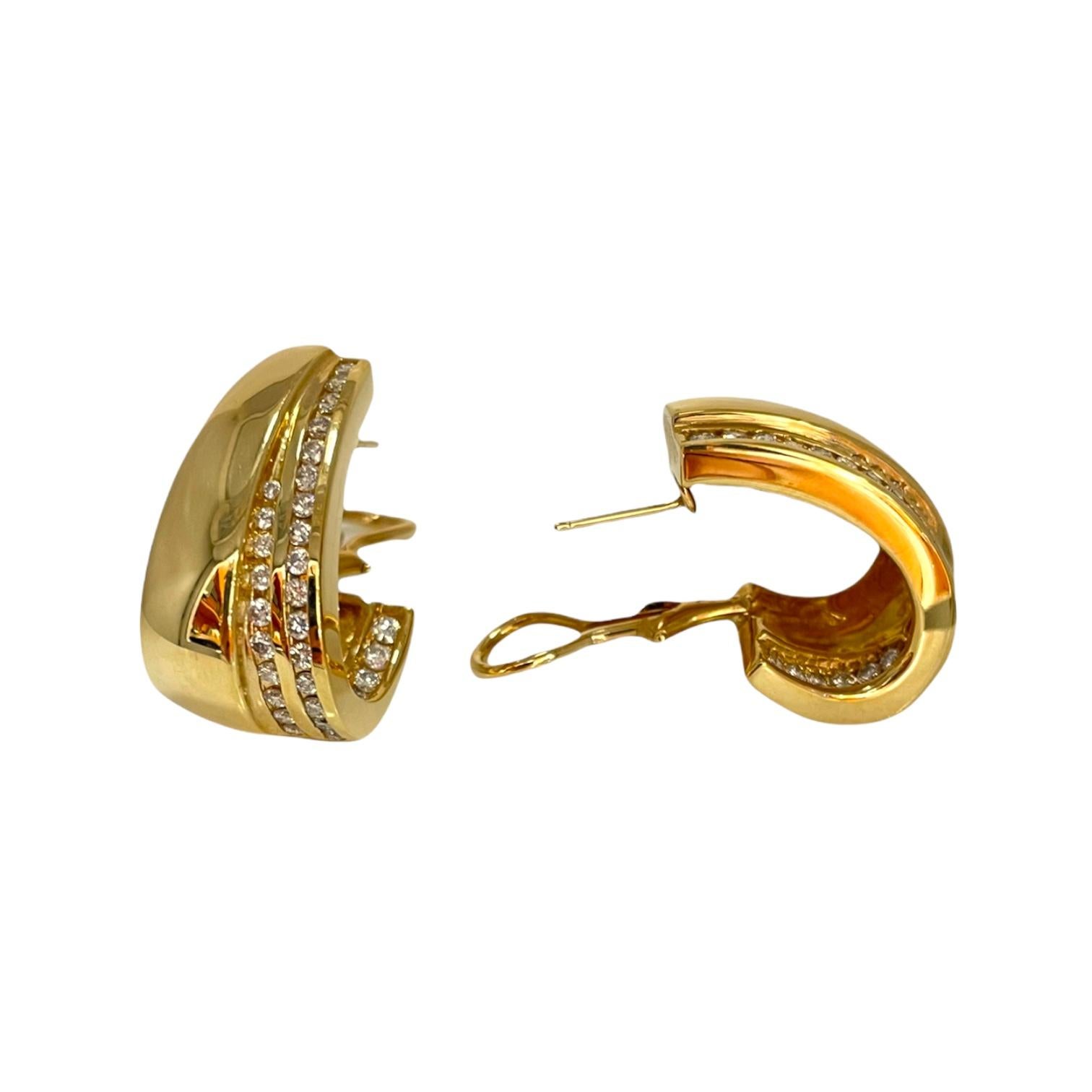 Round Cut Tapered 18K Yellow Gold & Diamond Hoop Earrings