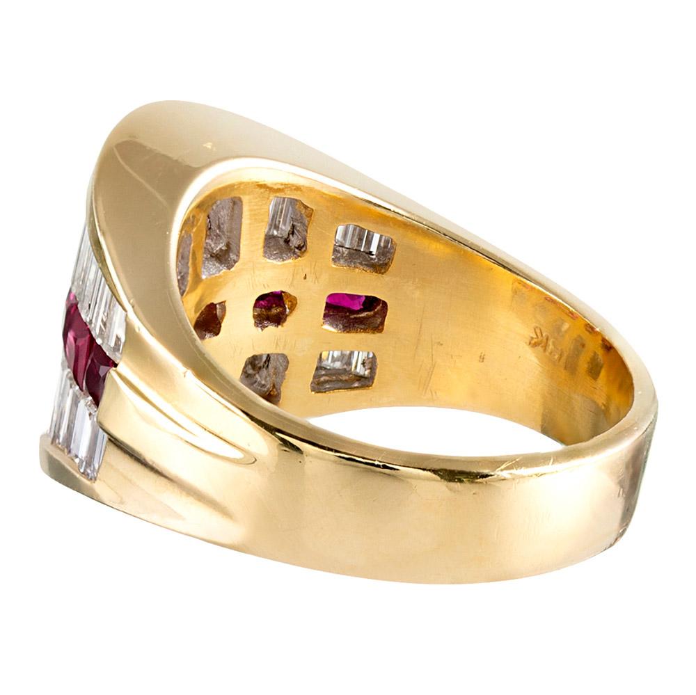 Tapered Baguette Diamond and Ruby Ring In Excellent Condition In Carmel-by-the-Sea, CA