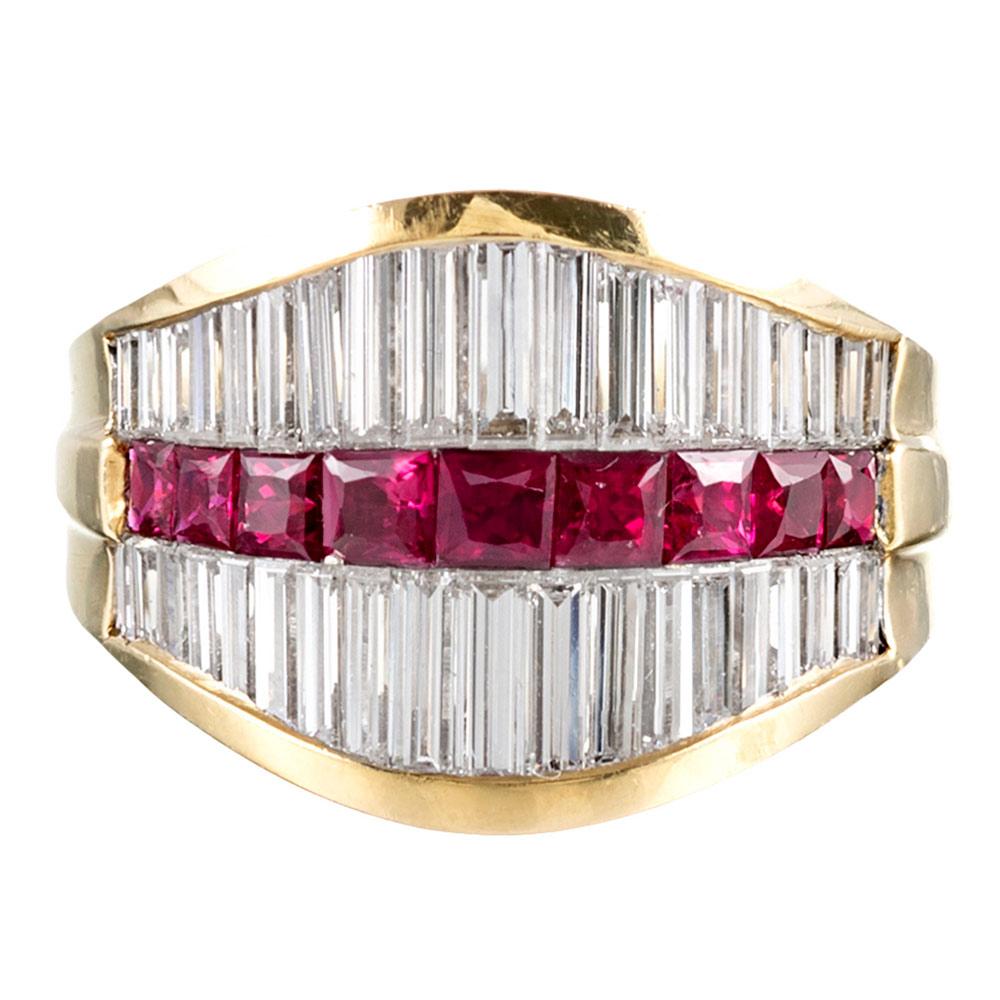 Tapered Baguette Diamond and Ruby Ring