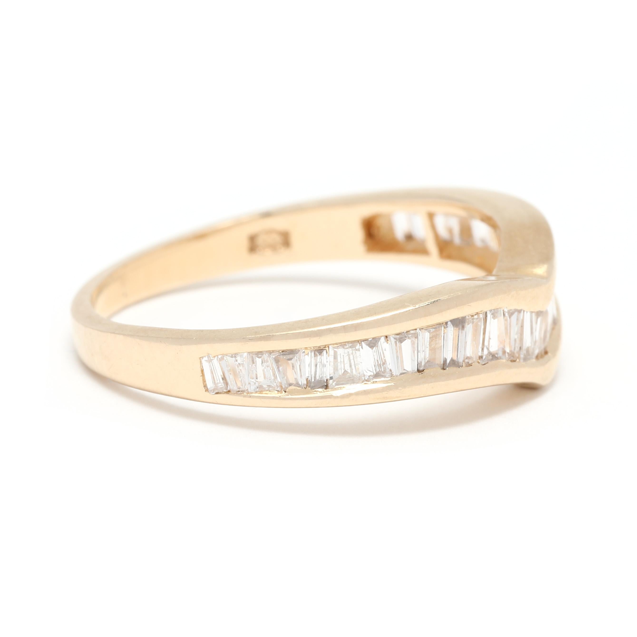 This 0.75ctw Tapered Baguette Diamond Curved Wedding Band is a stunning and elegant piece of jewelry that is perfect for your special day. The 14K Yellow Gold ring holds 0.75ctw of beautiful tapered baguette diamonds that curve gracefully around the