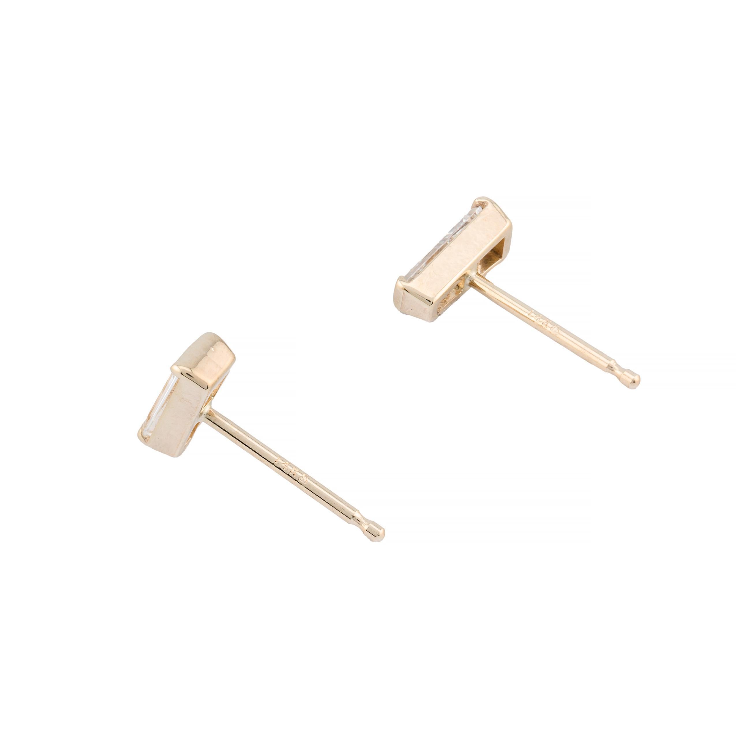 Tapered Baguette Diamond Stud Earrings in 14 Karat Yellow Gold For Sale 1