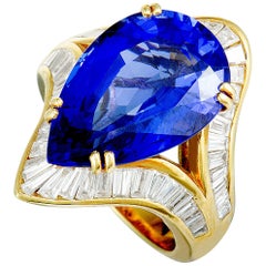 Tapered Baguette Diamonds and Pear Tanzanite Yellow Gold Ring