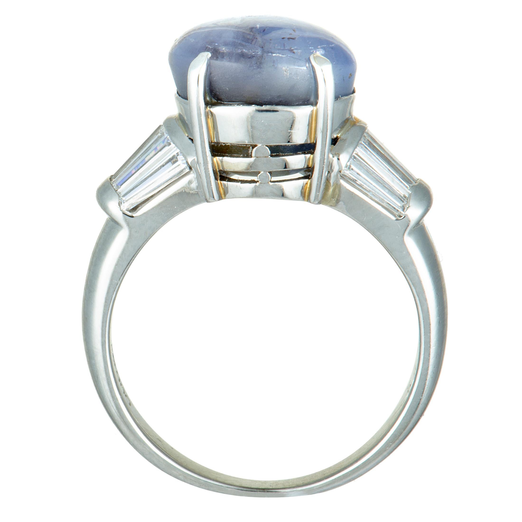 A wonderfully classy design is beautifully presented in luxurious platinum in this exceptional jewelry piece that offers a splendidly refined appearance. The ring is decorated with a sublime sapphire that weighs 10.56 carats and with exquisite