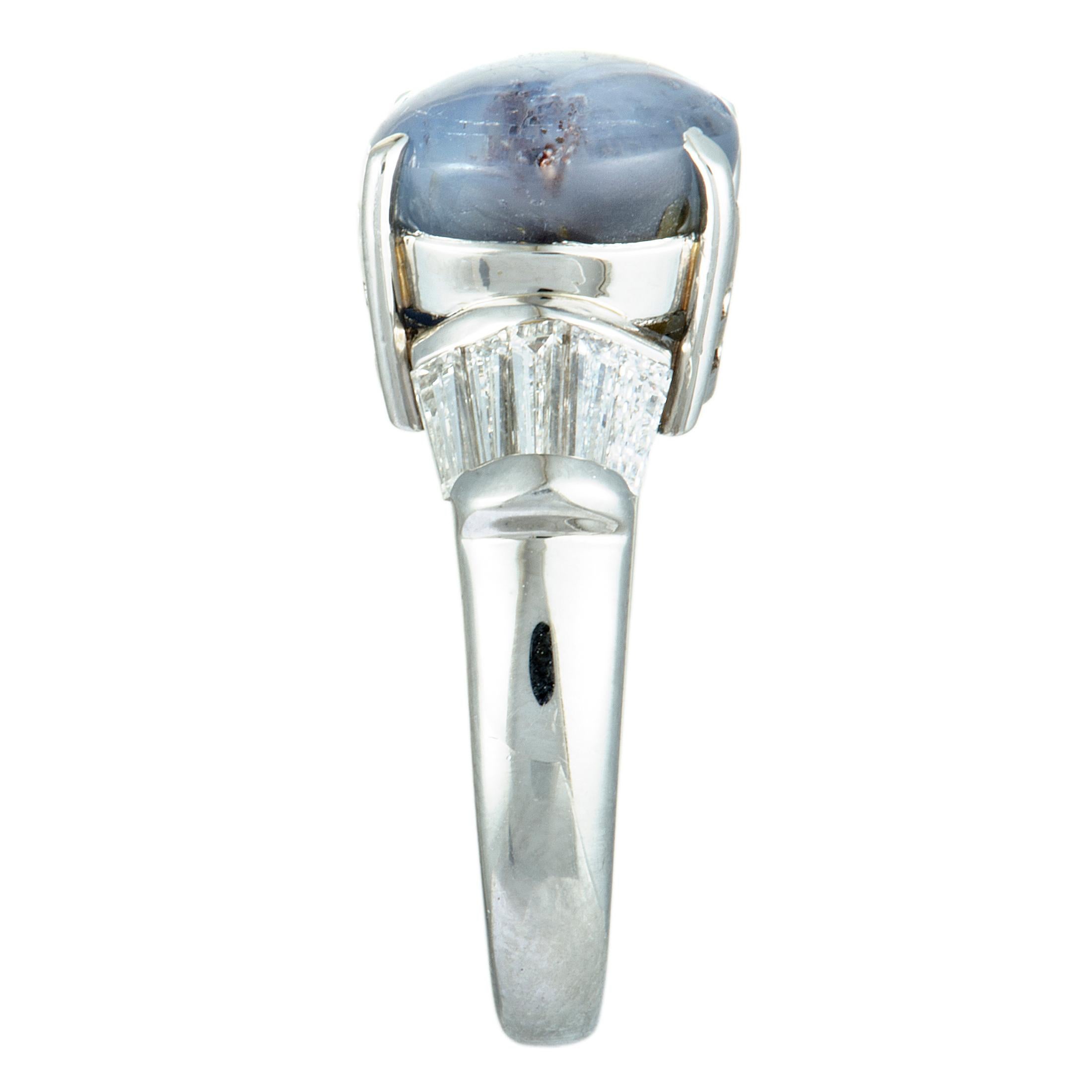 Baguette Cut Tapered Baguette Diamonds and Round Sapphire Cabochon Platinum Ring