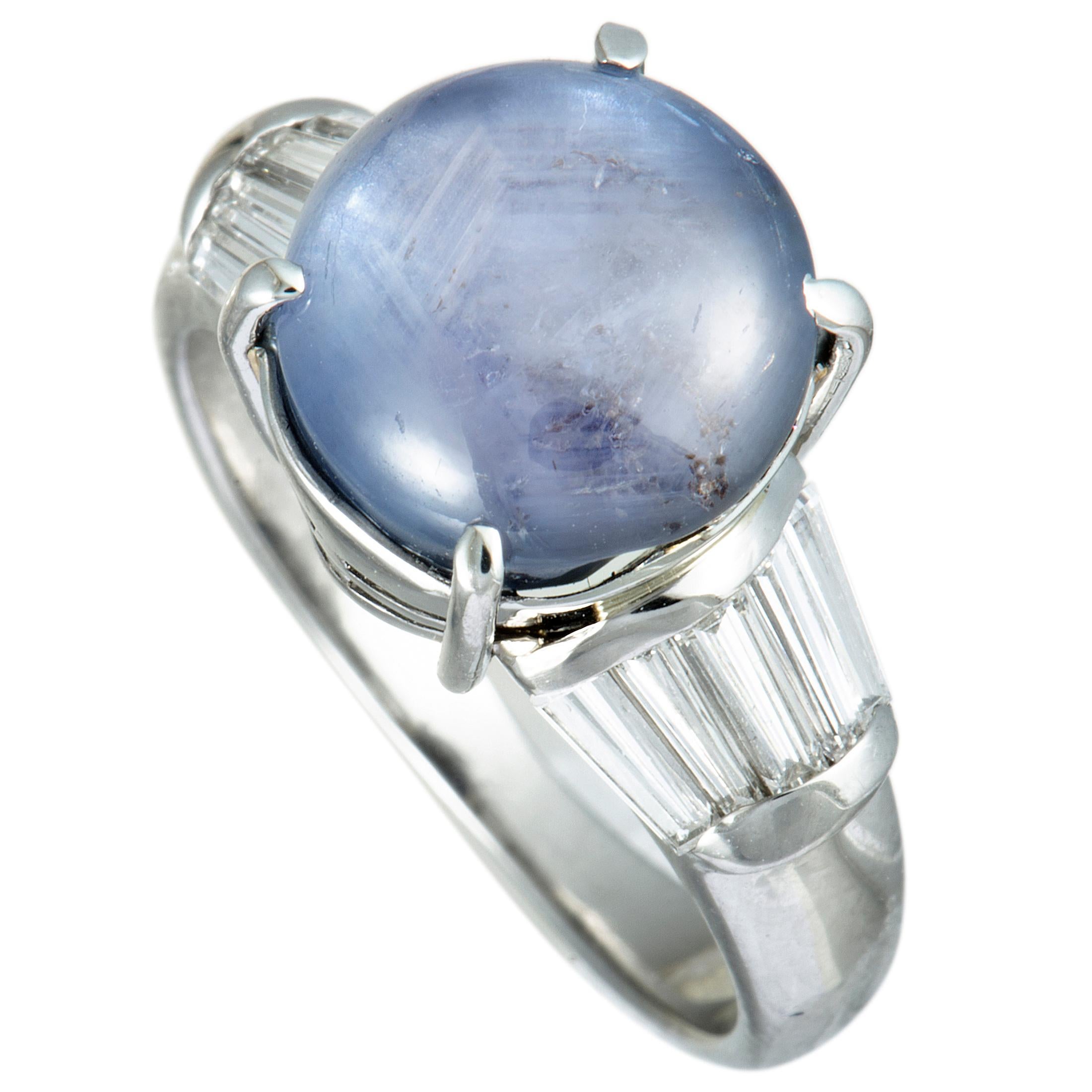 Tapered Baguette Diamonds and Round Sapphire Cabochon Platinum Ring