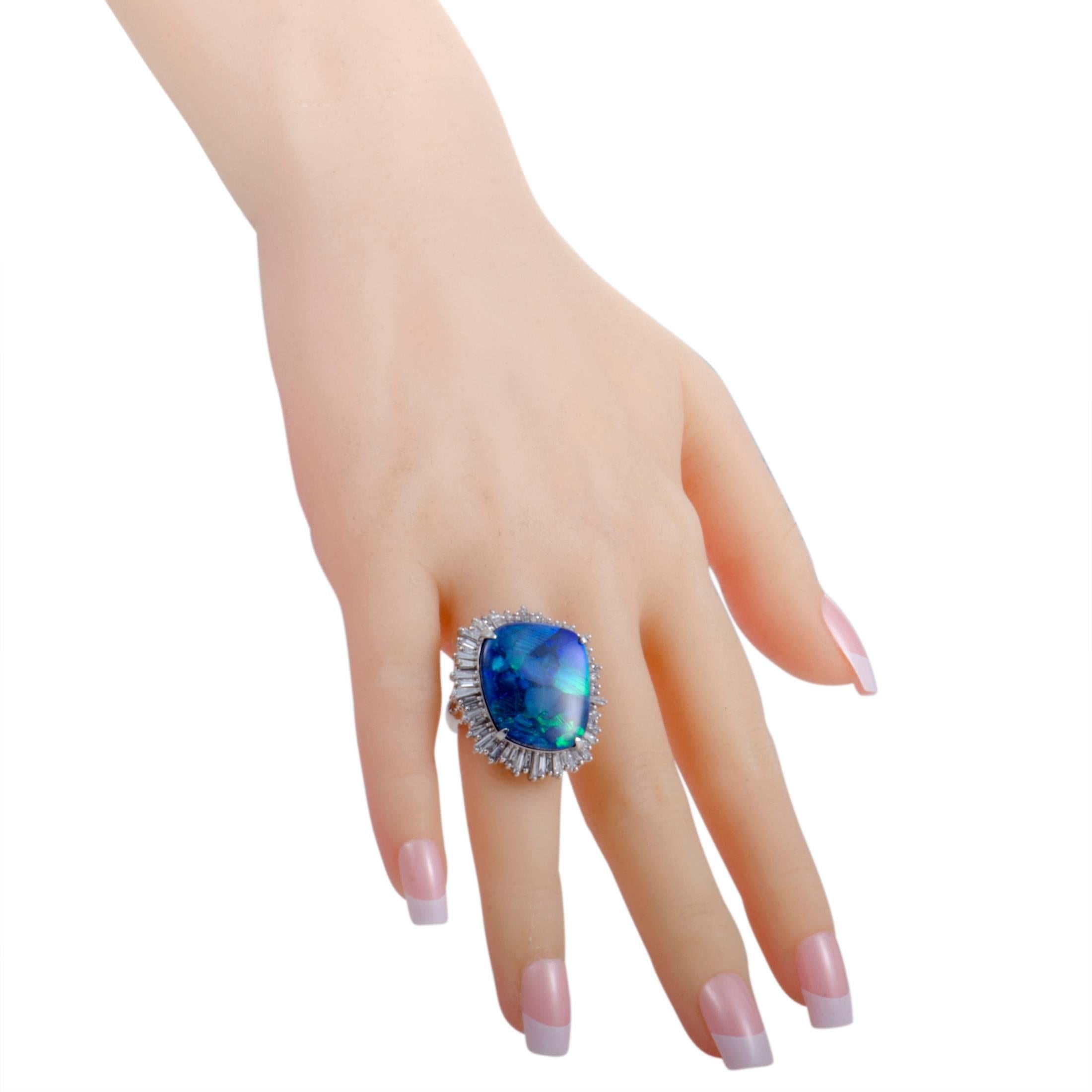 Women's Tapered Baguette Diamonds Green and Blue Opal Platinum Ring