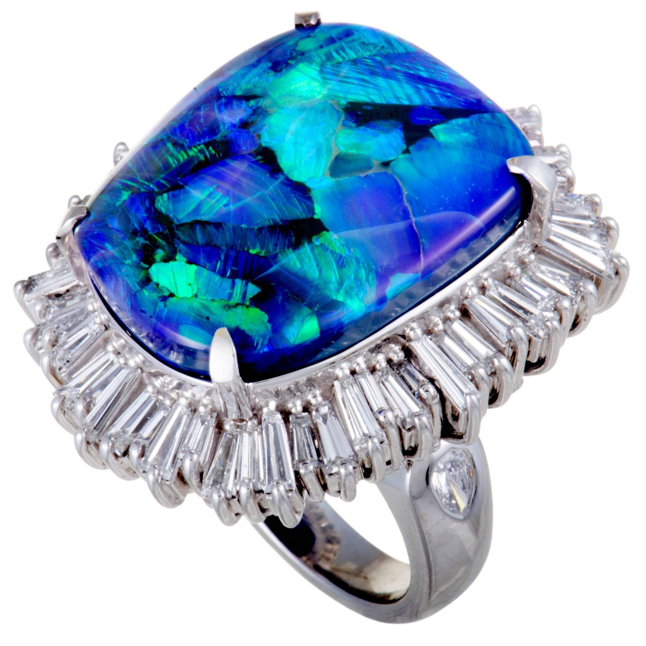 Tapered Baguette Diamonds Green and Blue Opal Platinum Ring