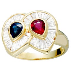 Tapered Baguette Diamonds, Sapphire and Ruby Pear Yellow Gold Ring