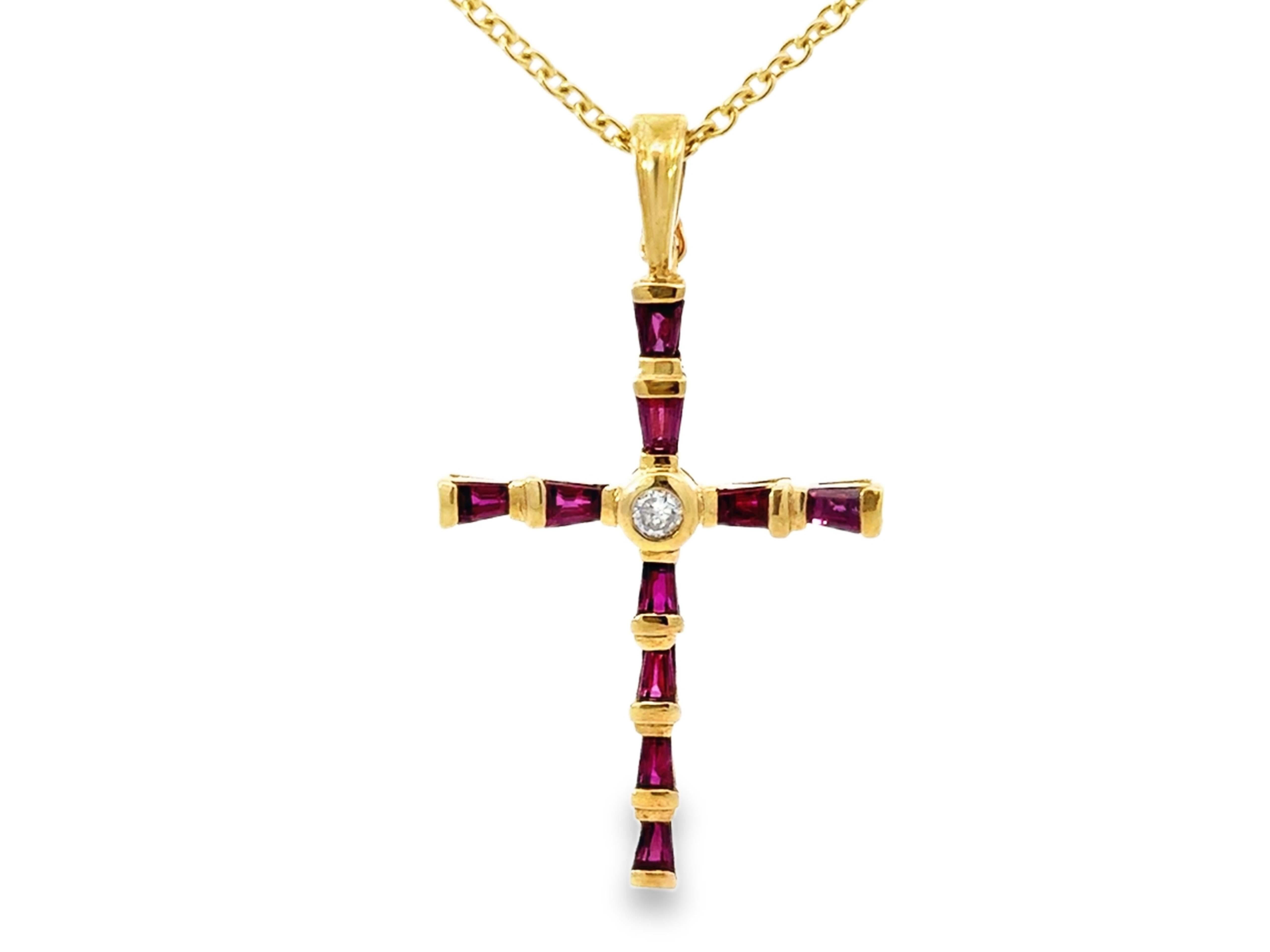 Tapered Baguette Ruby and Diamond Center Cross Necklace 14k Yellow Gold