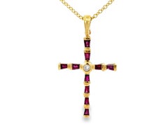 Tapered Baguette Ruby and Diamond Center Cross Necklace 14k Yellow Gold