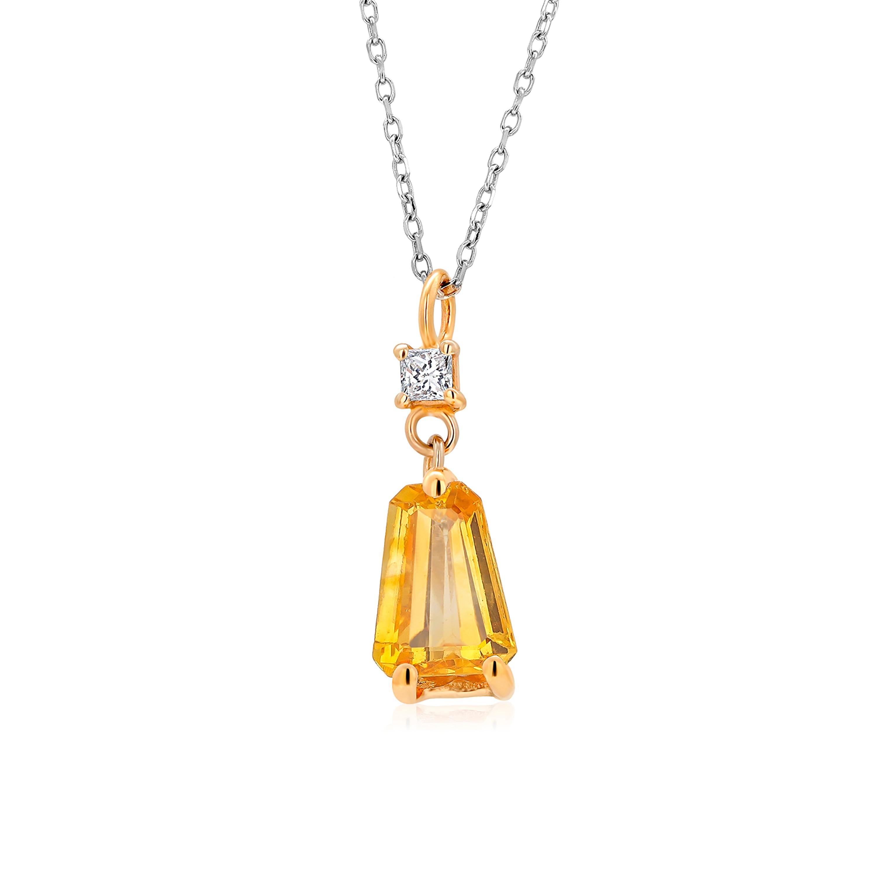 Contemporary Tapered Baguette Yellow Sapphire and Diamond Gold Drop Pendant Necklace