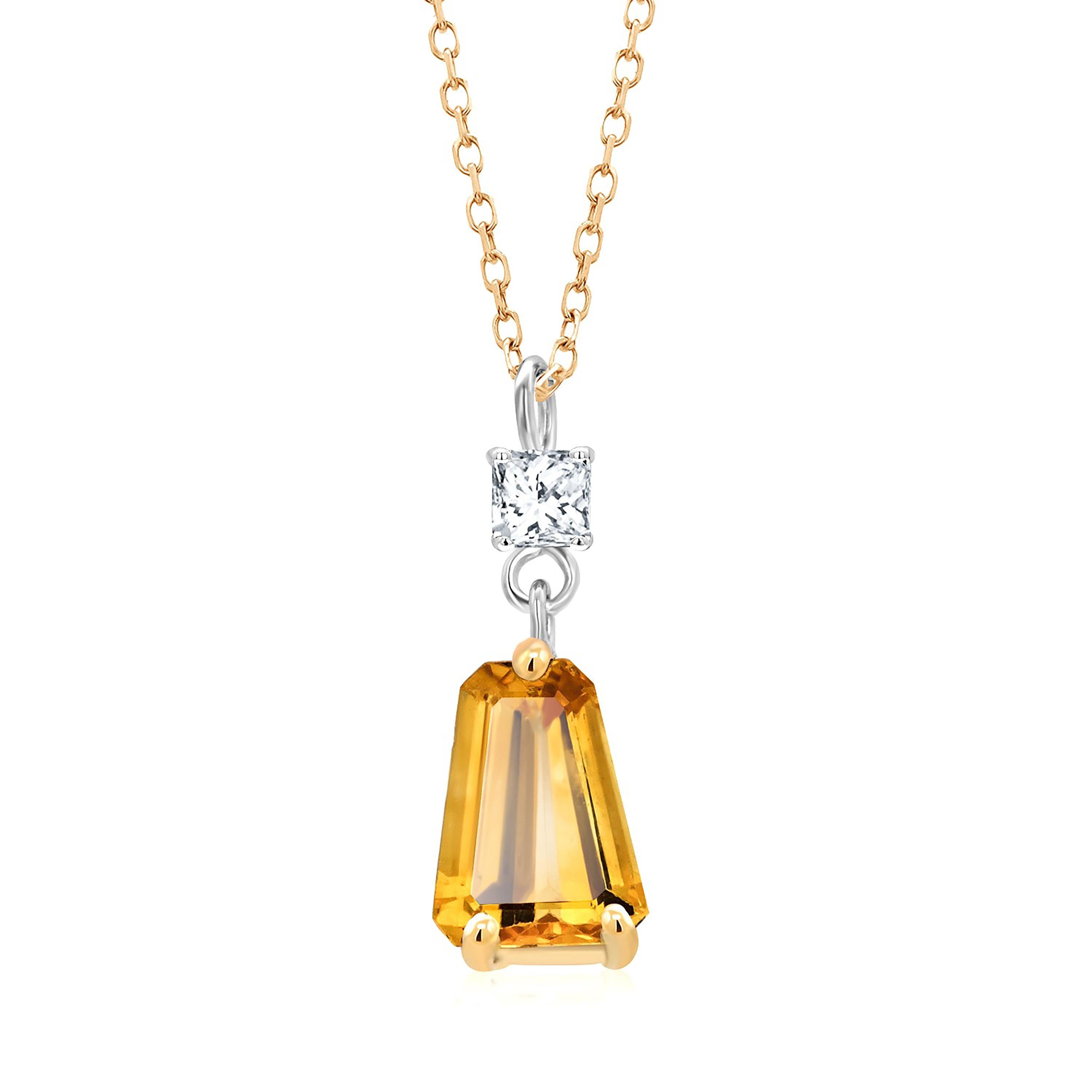 Tapered Baguette Yellow Sapphire and Diamond Yellow Gold Drop Pendant Necklace In New Condition In New York, NY
