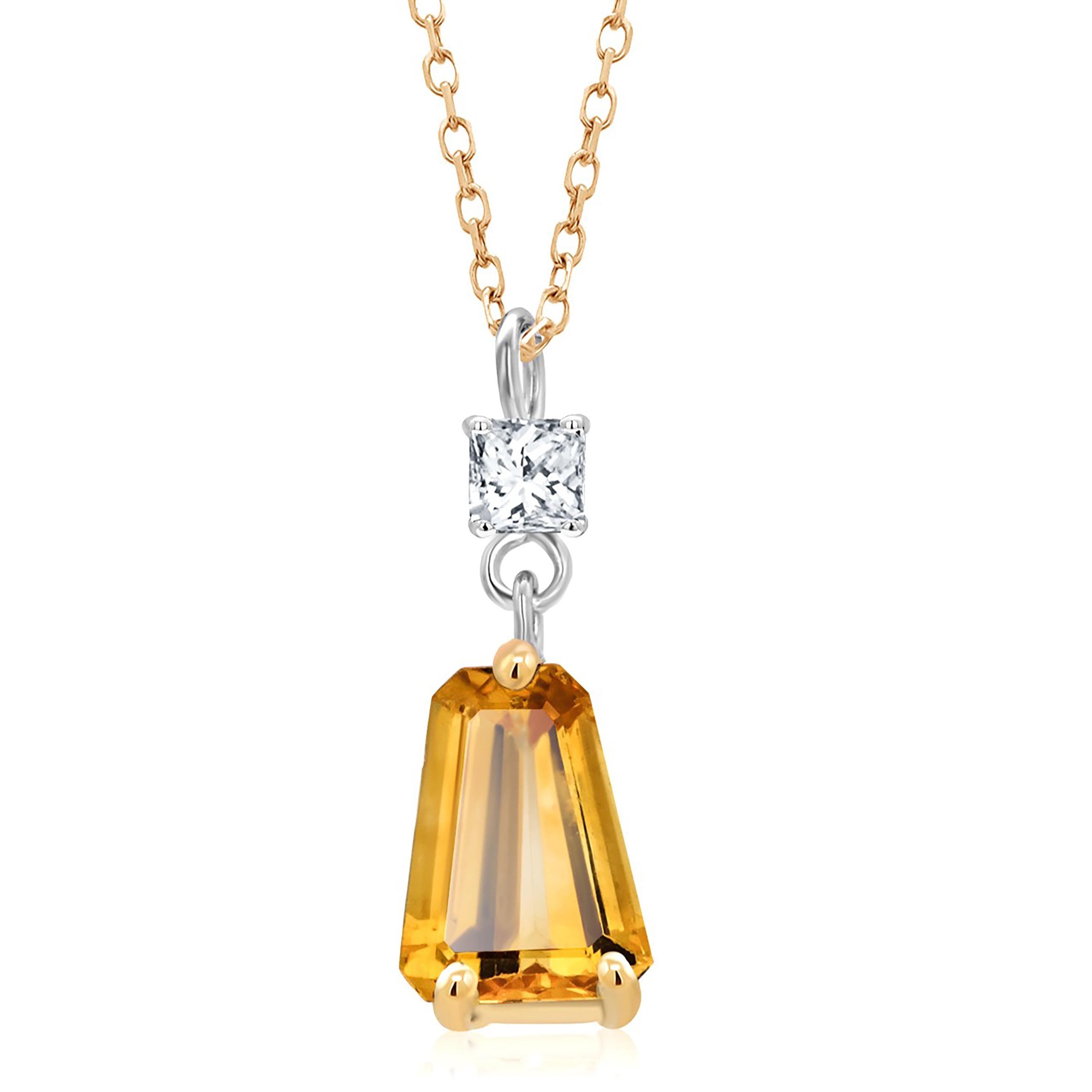 Tapered Baguette Yellow Sapphire and Diamond Yellow Gold Drop Pendant Necklace 1