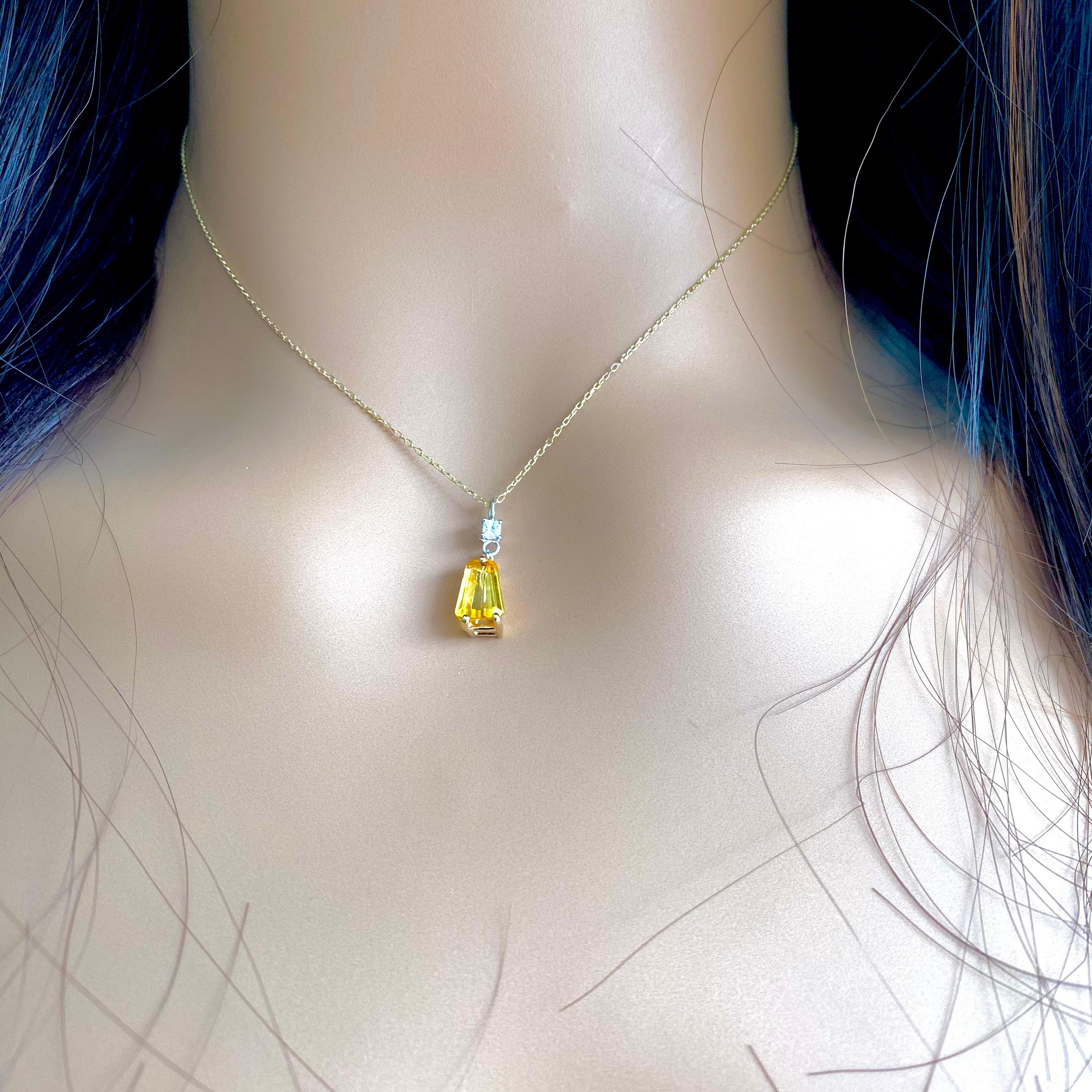 Tapered Baguette Yellow Sapphire and Diamond Yellow Gold Drop Pendant Necklace 2