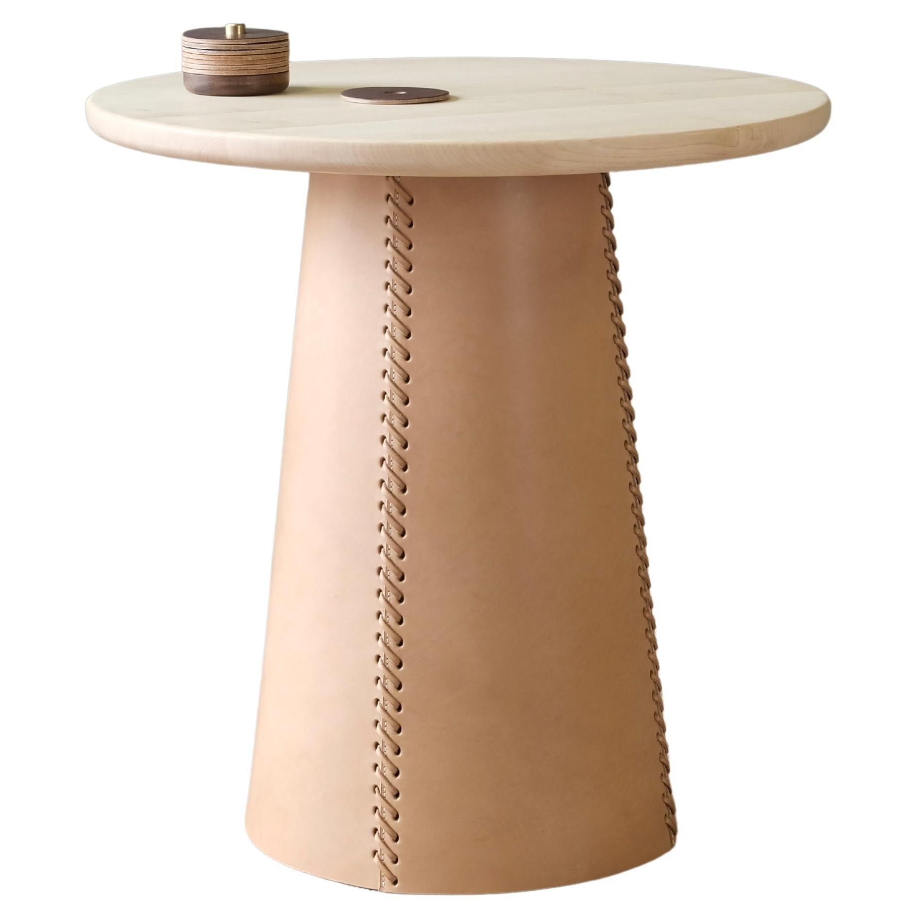 Tapered Bridle Leather and Ash Side Table For Sale