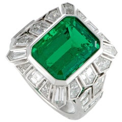 Tapered Diamond Baguette and Emerald Platinum Ring