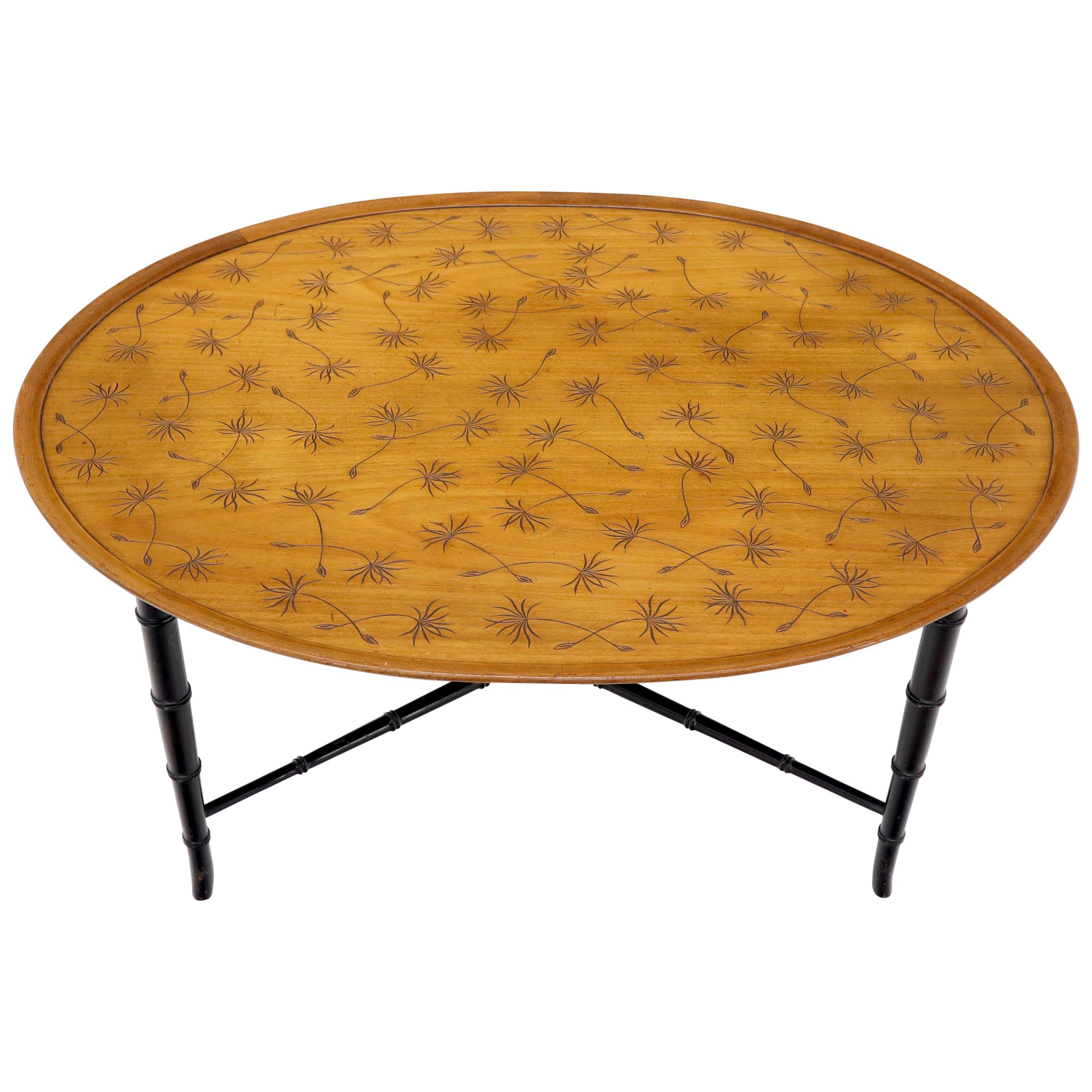 Tapered Faux Bamboo Leg Oval Top Coffee Table For Sale