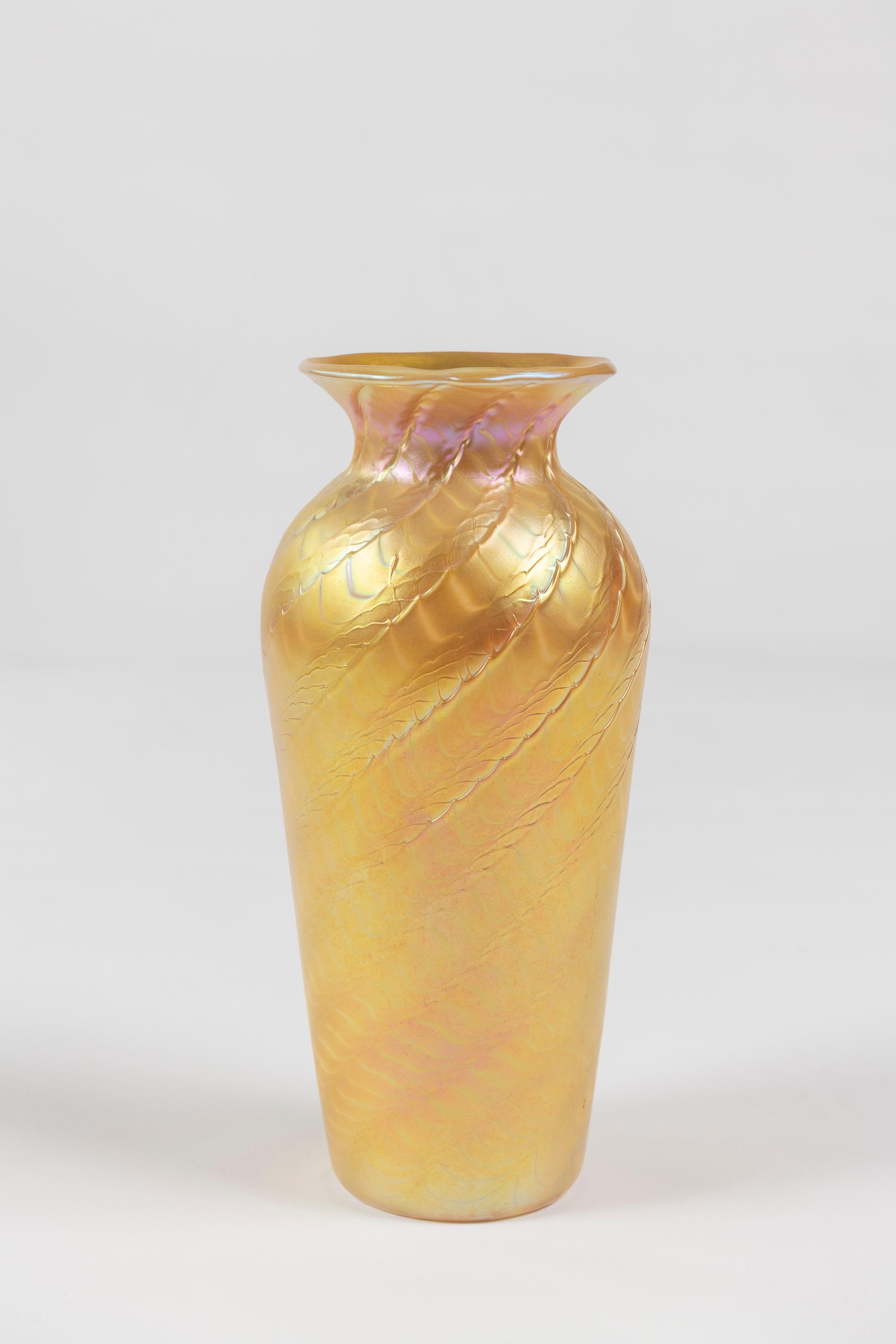Art Nouveau Tapered Gold Aurene Art Glass Vase, Lundberg Studios, California, Signed For Sale