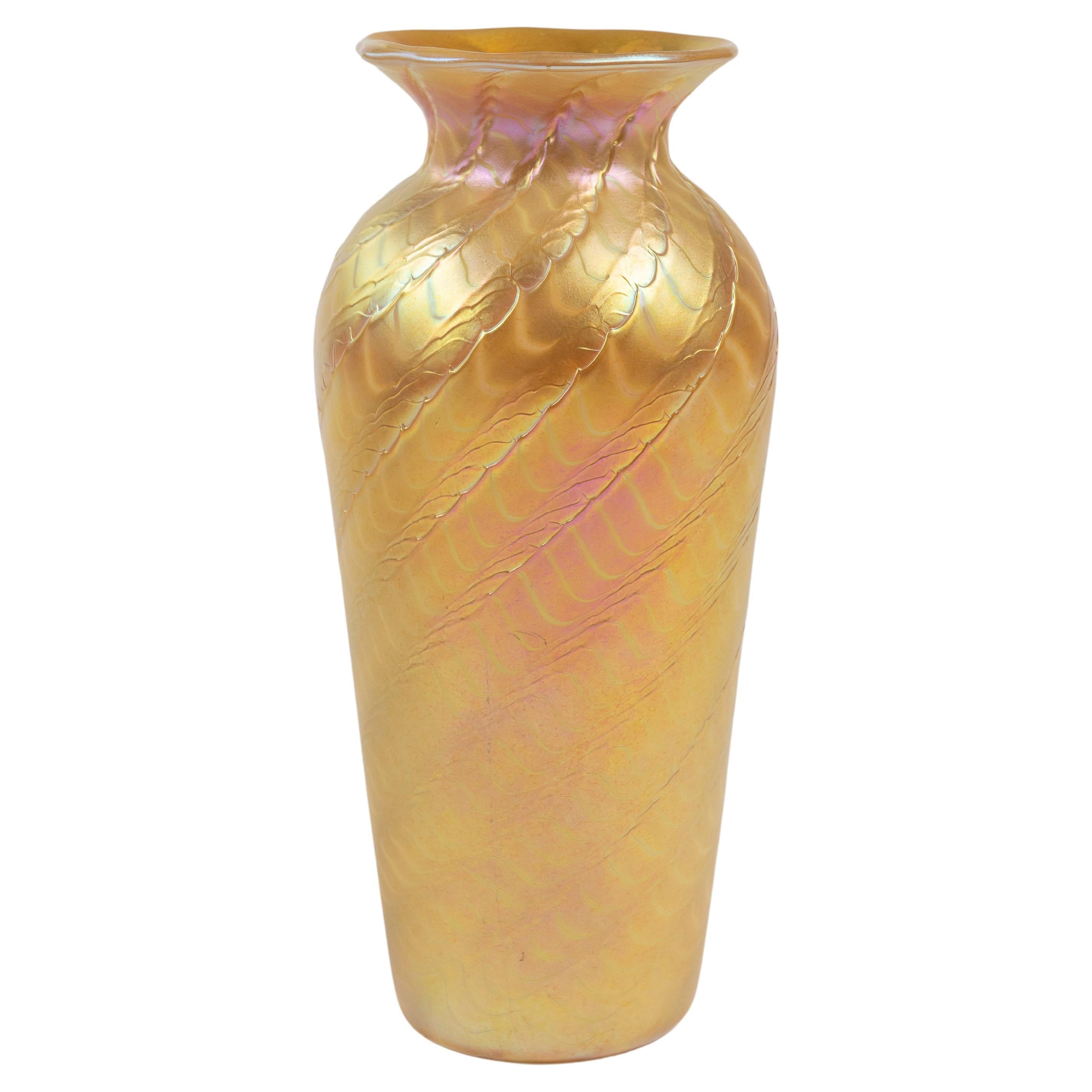Tapered Gold Aurene Art Glass Vase, Lundberg Studios, California, Signed