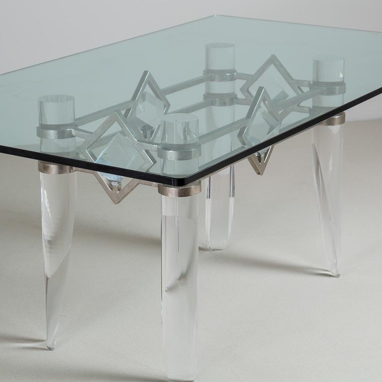 American Unusual Tapered Lucite and Nickel Plated Based Table 1970s  For Sale