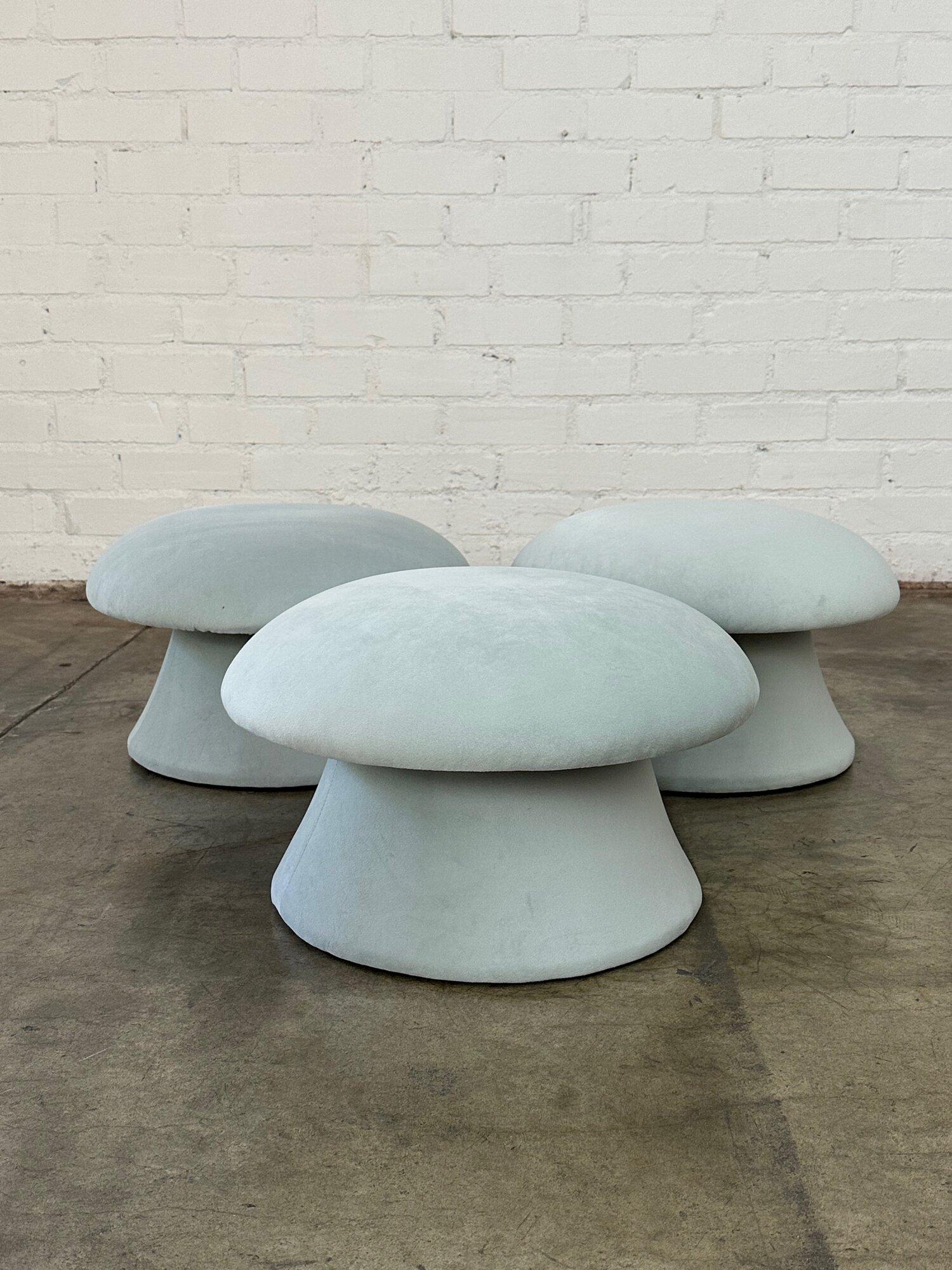 W20 D20 H11

Mushroom ottoman custom made in baby blue velvet. Mushroom has a tapered center and flares out towards bottom of base.

Want a different color or size? Fabric and dimensions are customizable.Email us to order a custom mushroom