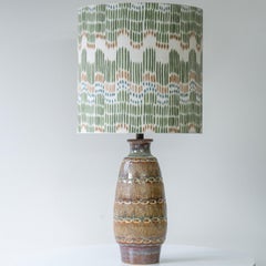 Tapered Oval Brown Ceramic Table Lamp, Custom Multicolor Lampshade by R. Houben