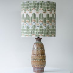 Tapered Oval Brown Ceramic Table Lamp, Custom Multicolor Lampshade by R. Houben