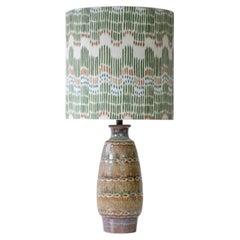 Tapered Oval Brown Ceramic Table Lamp, Custom Multicolor Lampshade by R. Houben
