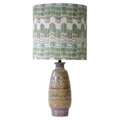 Tapered Oval Brown Ceramic Table Lamp, Custom Multicolor Lampshade by R. Houben