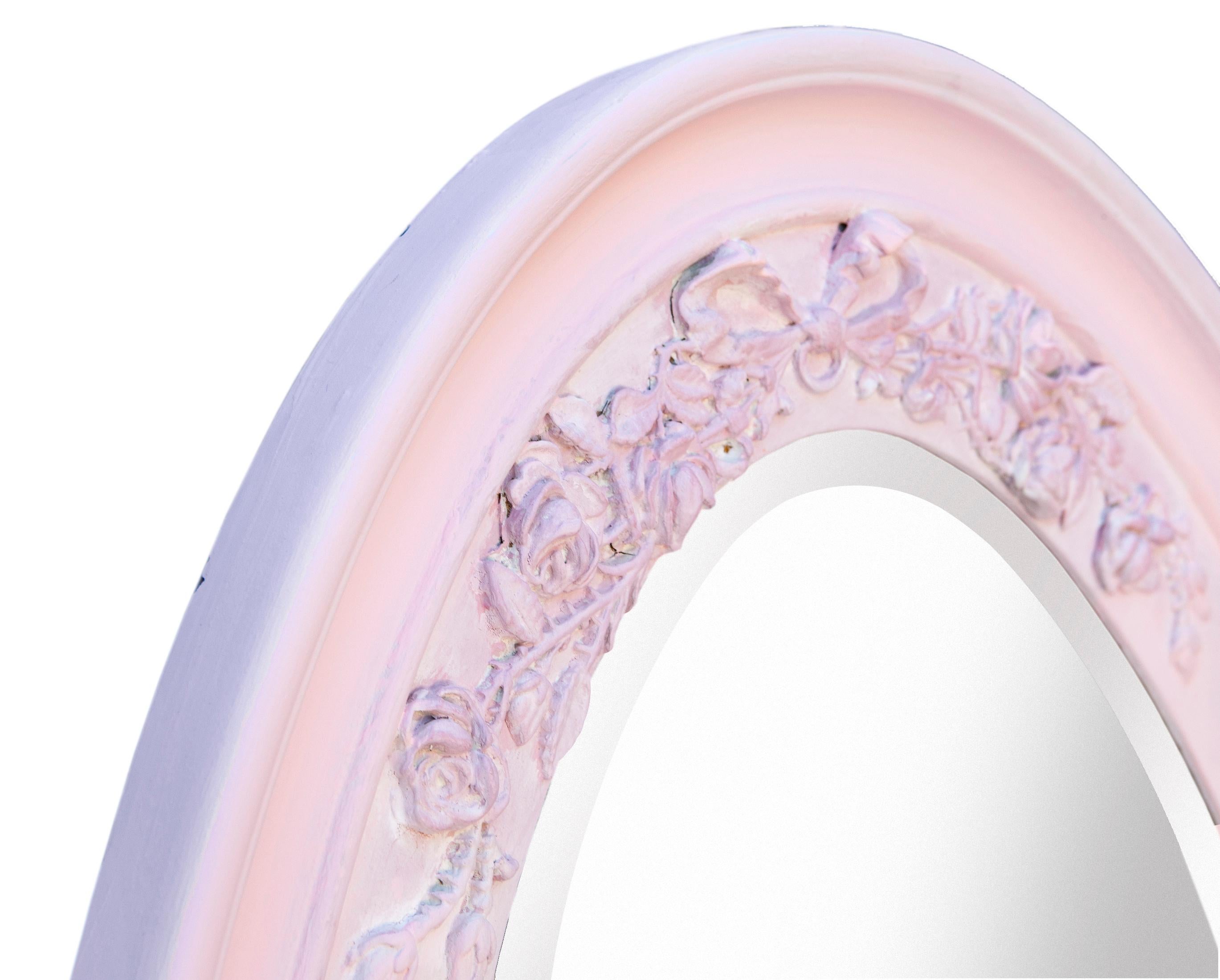 Hand-Painted Tapered Pink Oval Mirror with Ribbons & Bows Bow in Shades of Pink