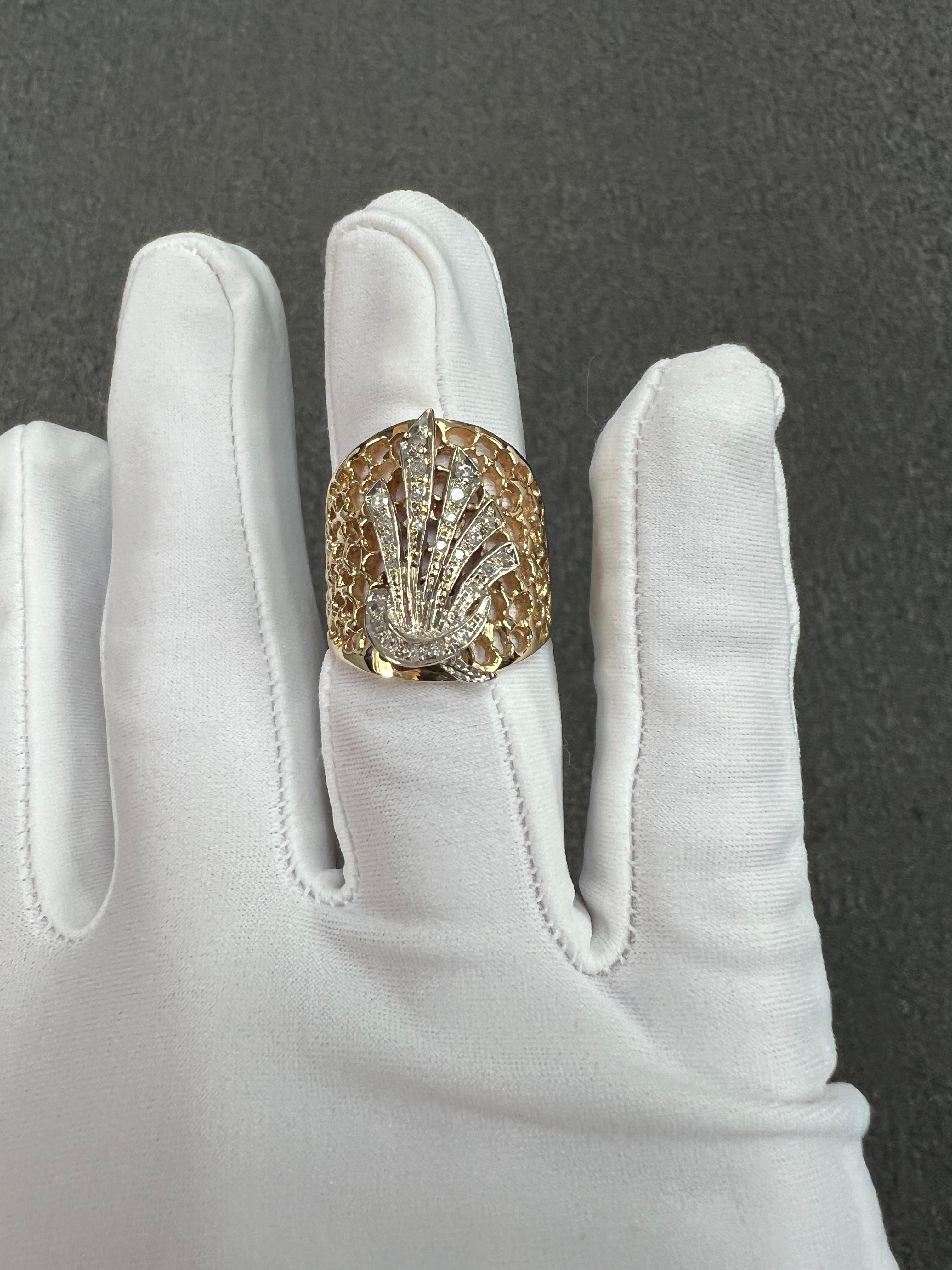 Tapered Wide Yellow Gold Diamond Band Ring Size 9.25 In Good Condition For Sale In Los Angeles, CA