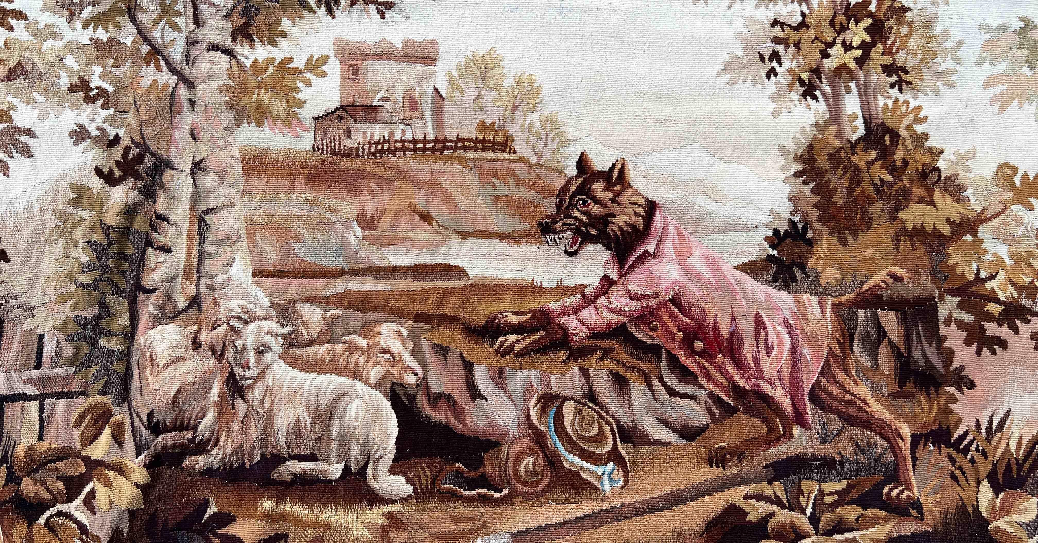 Wool Tapestry 19th Century Aubusson in Coteniere 'Fable of La Fontaine', N° 1223 For Sale