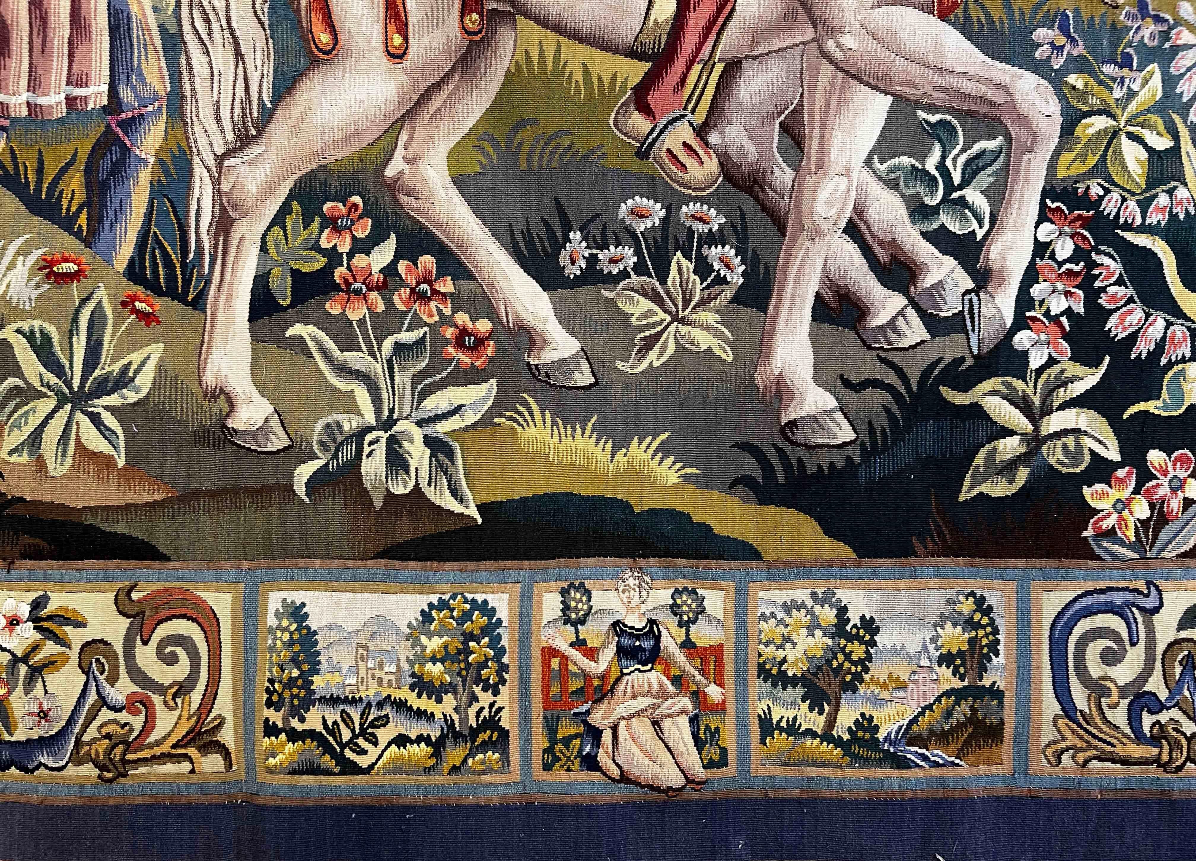 19th century Aubusson tapestry. It represents the king and his companions riding a horse (gothic style).

Thanks to our restoration-conservation workshop and also our know-how, 
we are pleased to present to you works of art in fabric such as