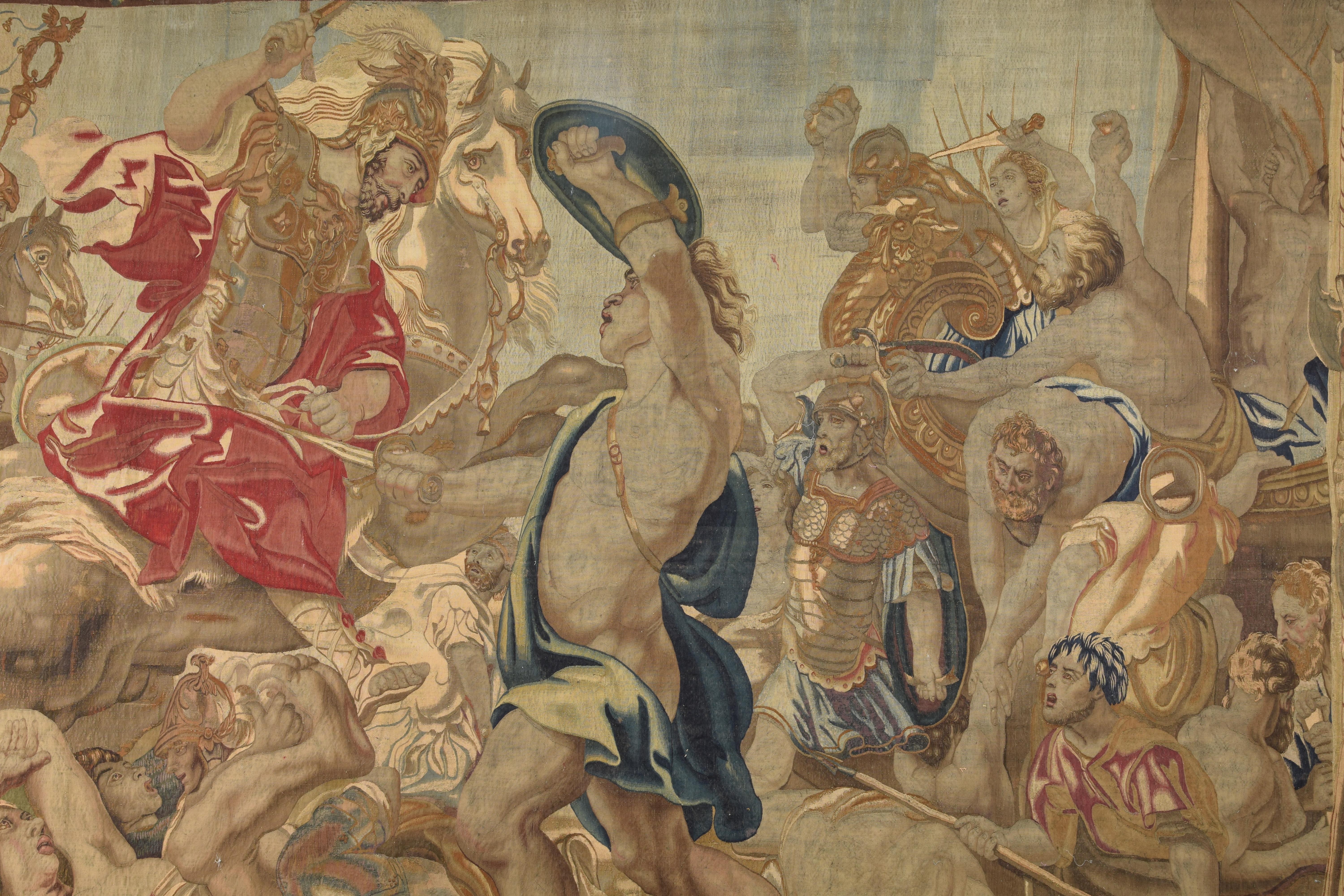 Tapiz, Alejandro Magno herido en la batalla de Issos. Escuela flamenca, según Jacob Jordaens, atribuida al taller de Jan Leyniers, hacia 1650.
 Tapiz de grandes dimensiones, con un amplio marco decorado con una composición vegetal que, en los