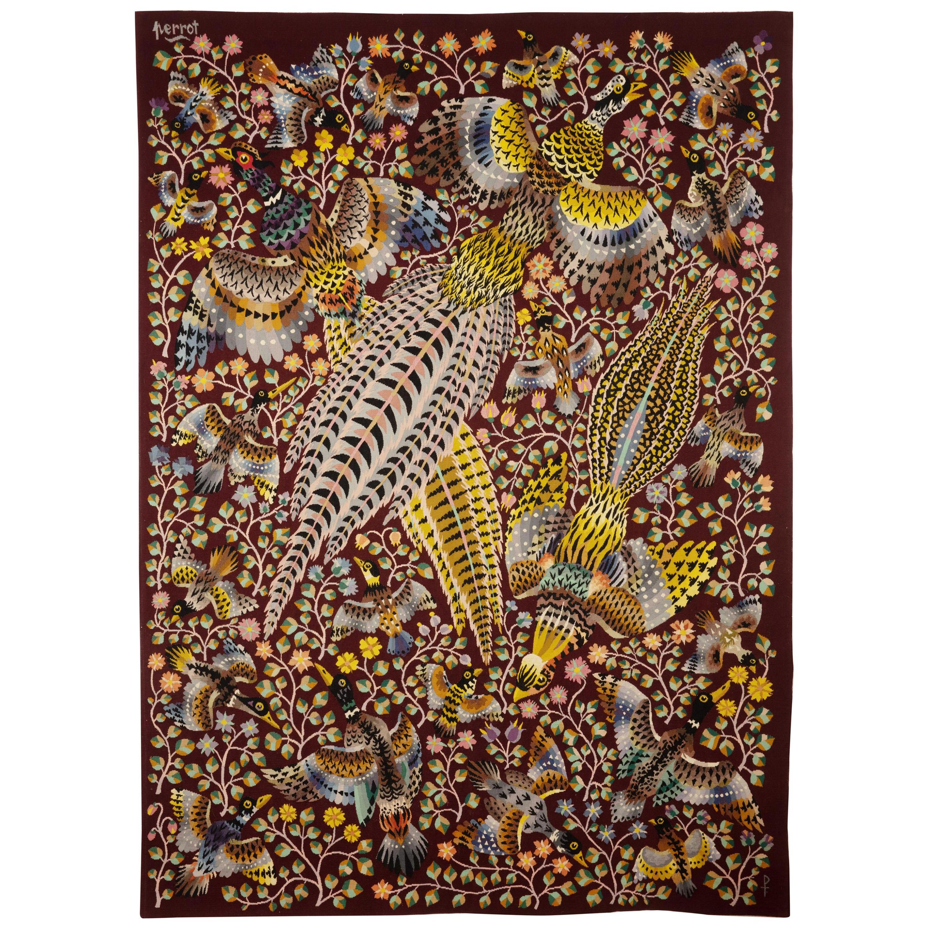 Tapestry by French artist René Perrot “Three pheasants”, wool, France