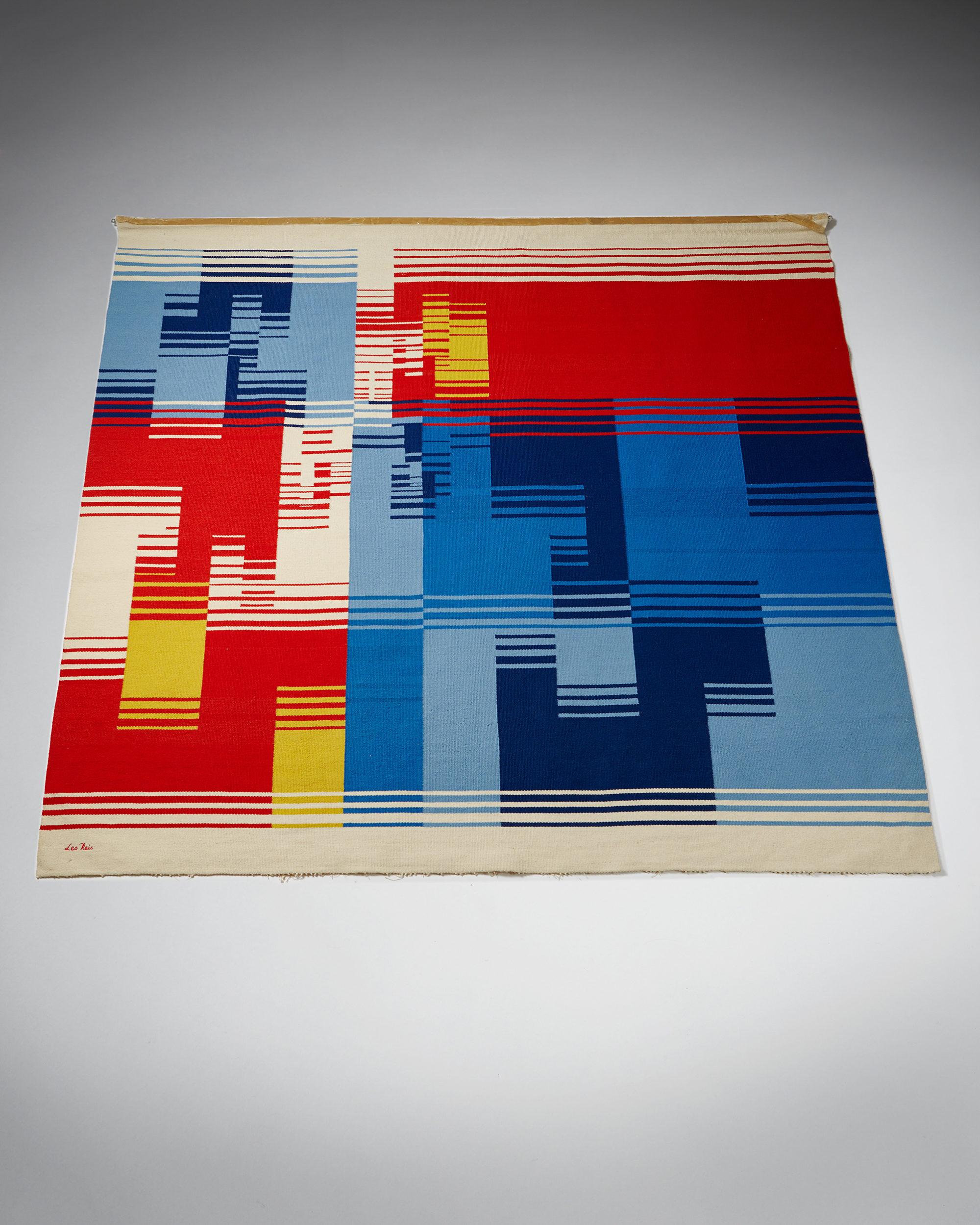 Tapestry by Leo Reis,
Sweden 1980s. 

Handwoven wool.

Measurements:
H: 195 cm/ 6' 4 3/4''
L: 176 cm/ 5' 9 1/4''
