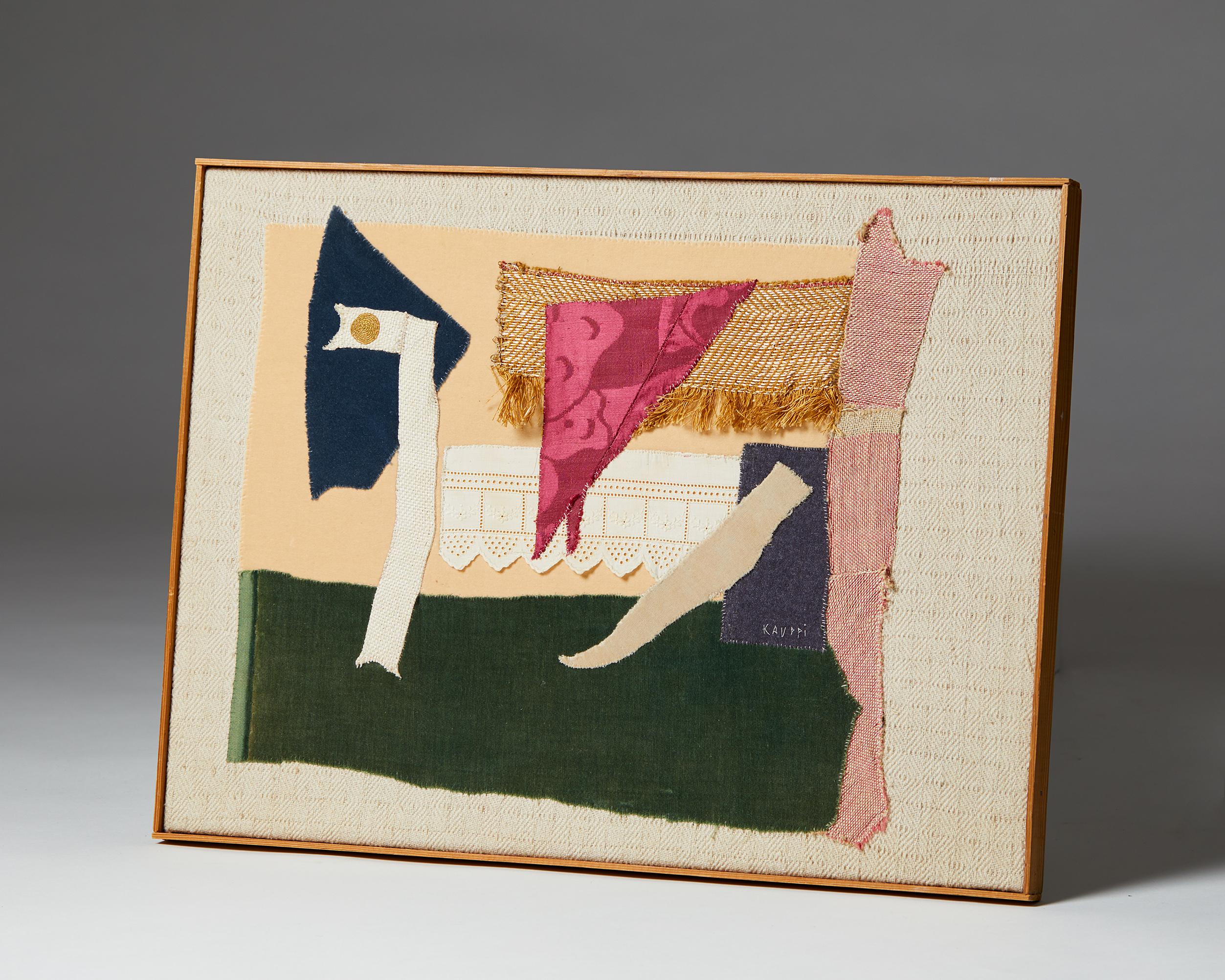 Tapestry/ Collage by Sten Kauppi,
Sweden. 1970's.

Kelim technique. Wool and cotton.

Signed Kauppi.

Dimensions:
H: 42.2 cm/ 16 5/8