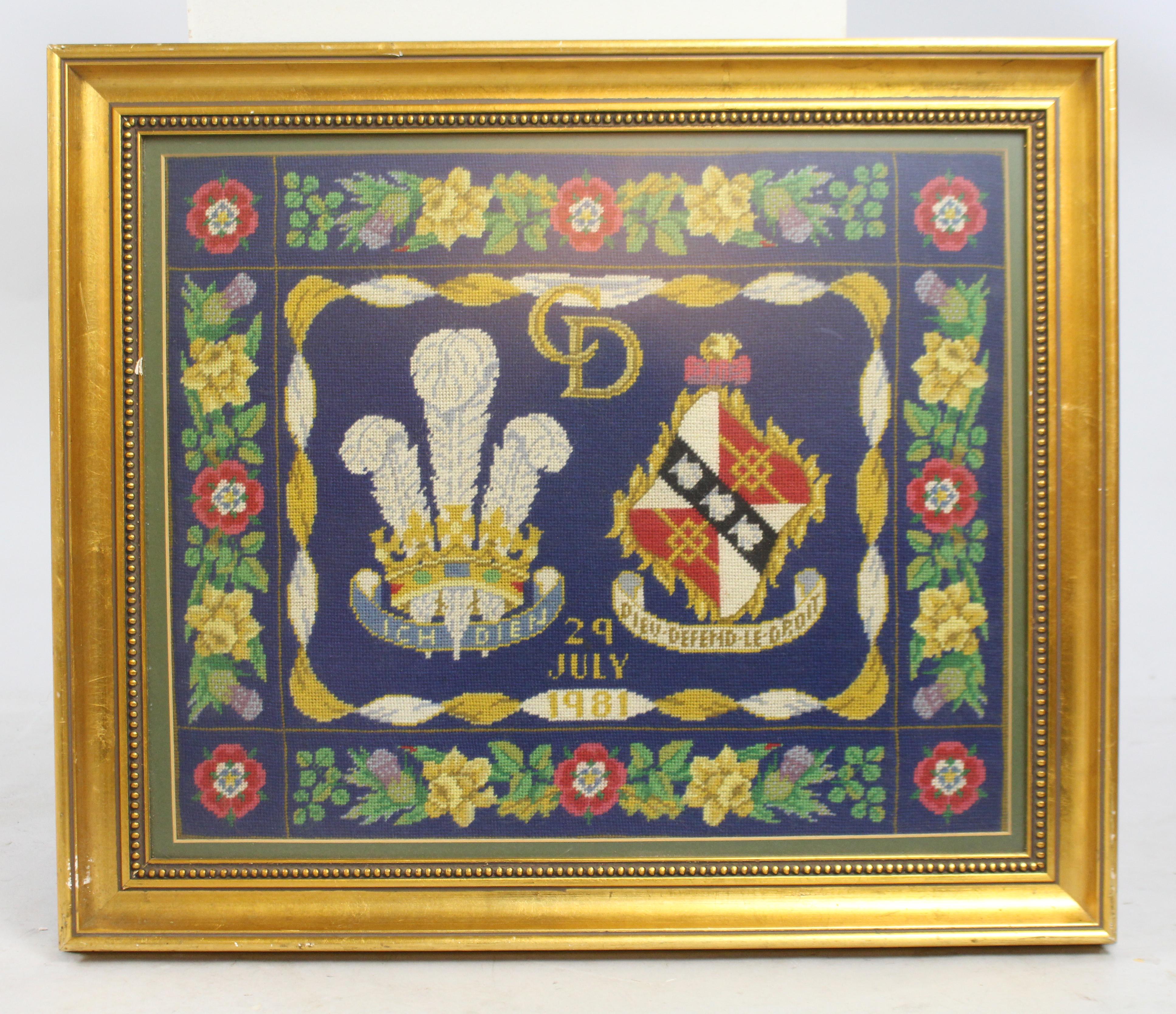 Tapestry commemorating the marriage of Charles & Diana, 29th July 1981. 

Set behind non-reflective glass in gilt frame. 

Frame measures 59 x 50.5 cm. 

Minor marks only to frame, ready to hang.