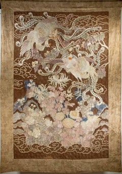 Tapestry embroidered with polychrome silk threads depicting two flying phoenixes