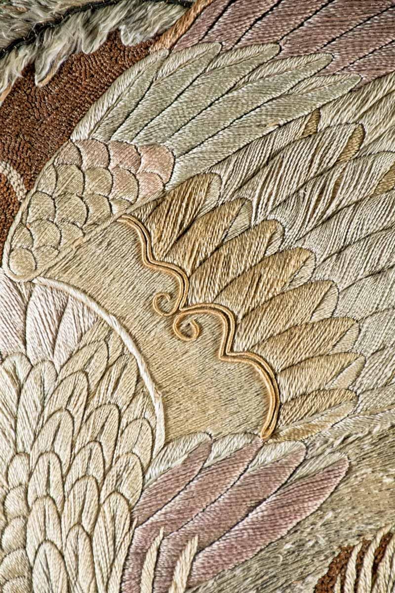 Embroidered Tapestry embroidered with polychrome silk threads depicting two flying phoenixes