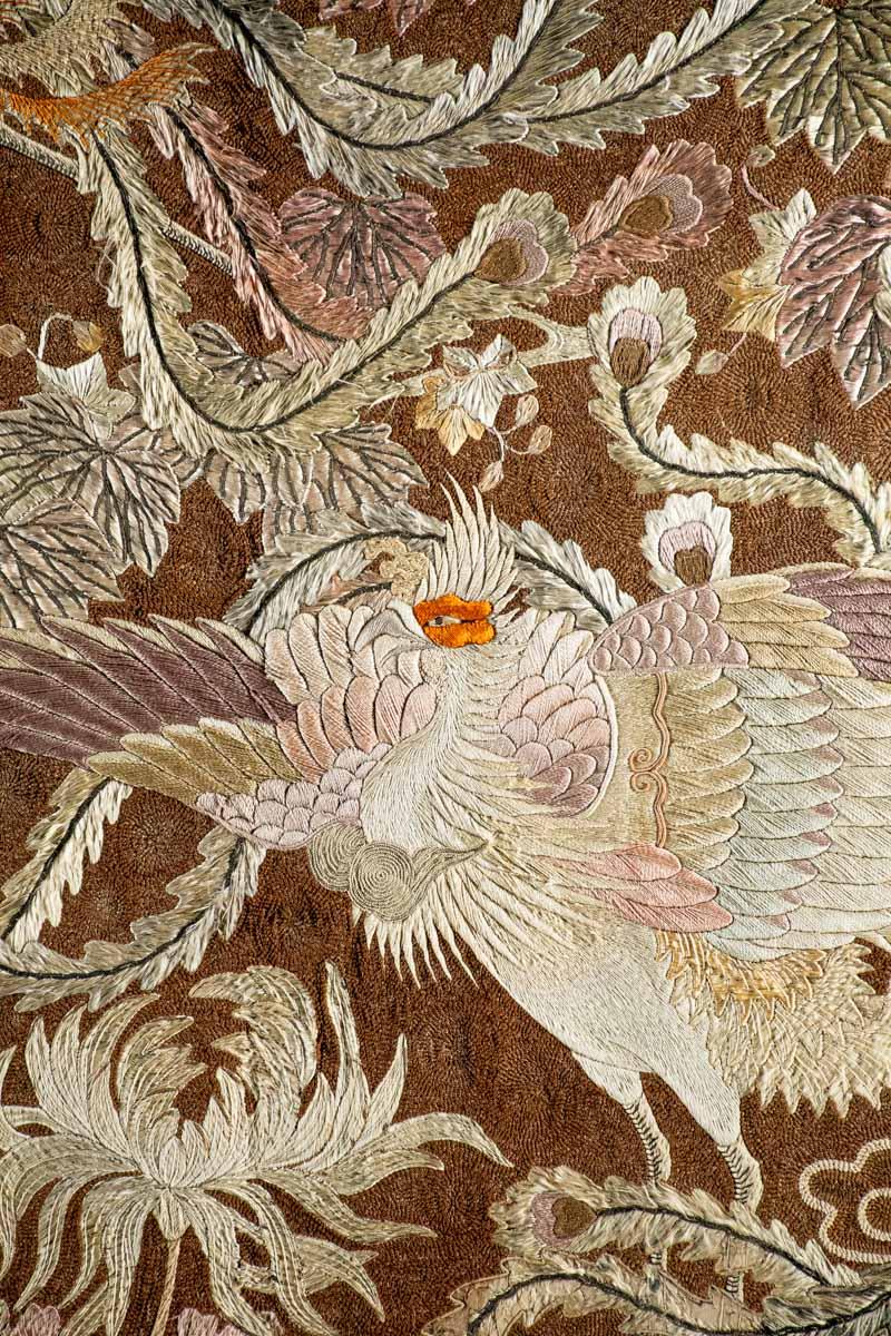 19th Century Tapestry embroidered with polychrome silk threads depicting two flying phoenixes