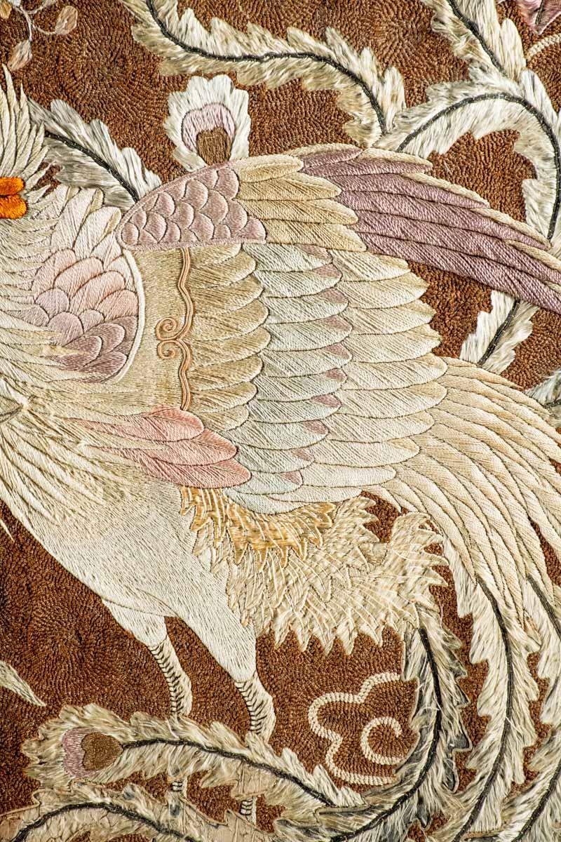 Silk Tapestry embroidered with polychrome silk threads depicting two flying phoenixes