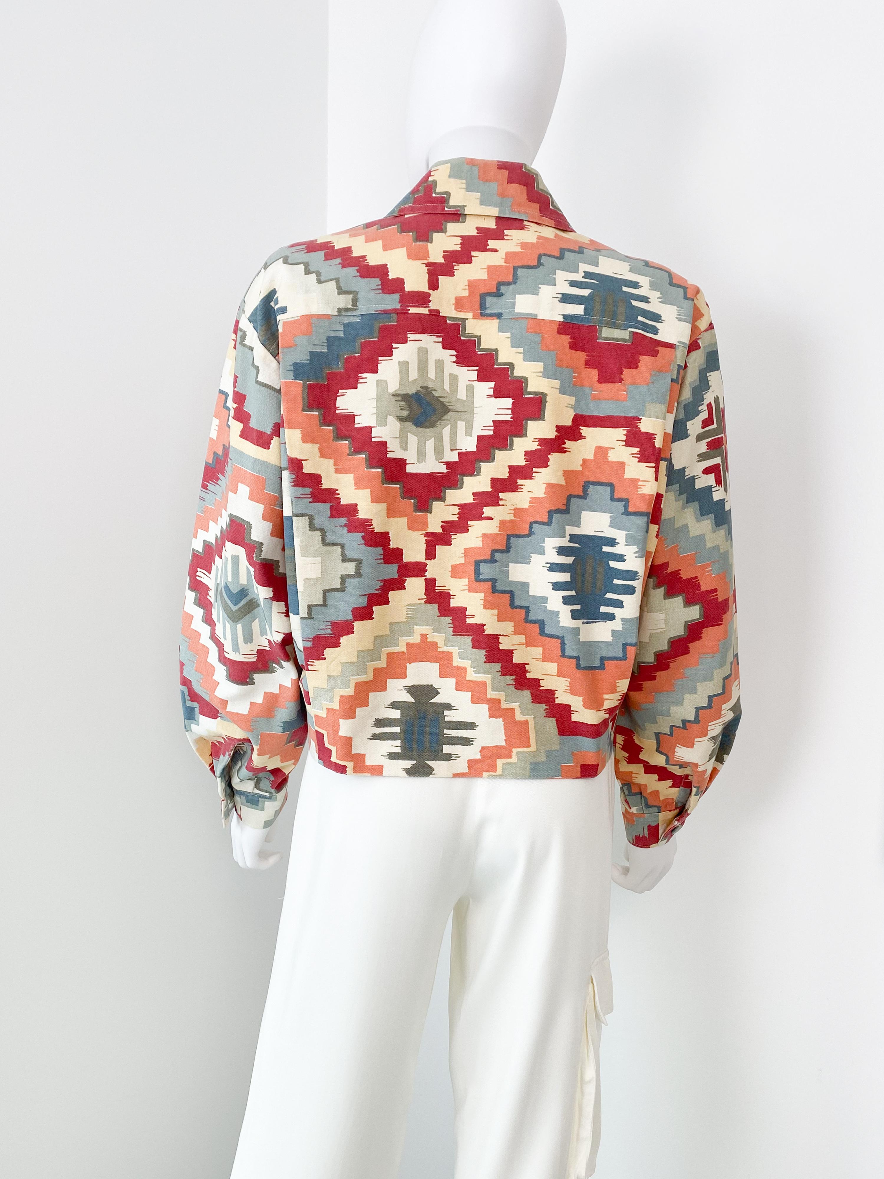 Tapestry Ethnic Multicolor Print Double-Breasted Bomber Jacket Size 6/8 For Sale 5