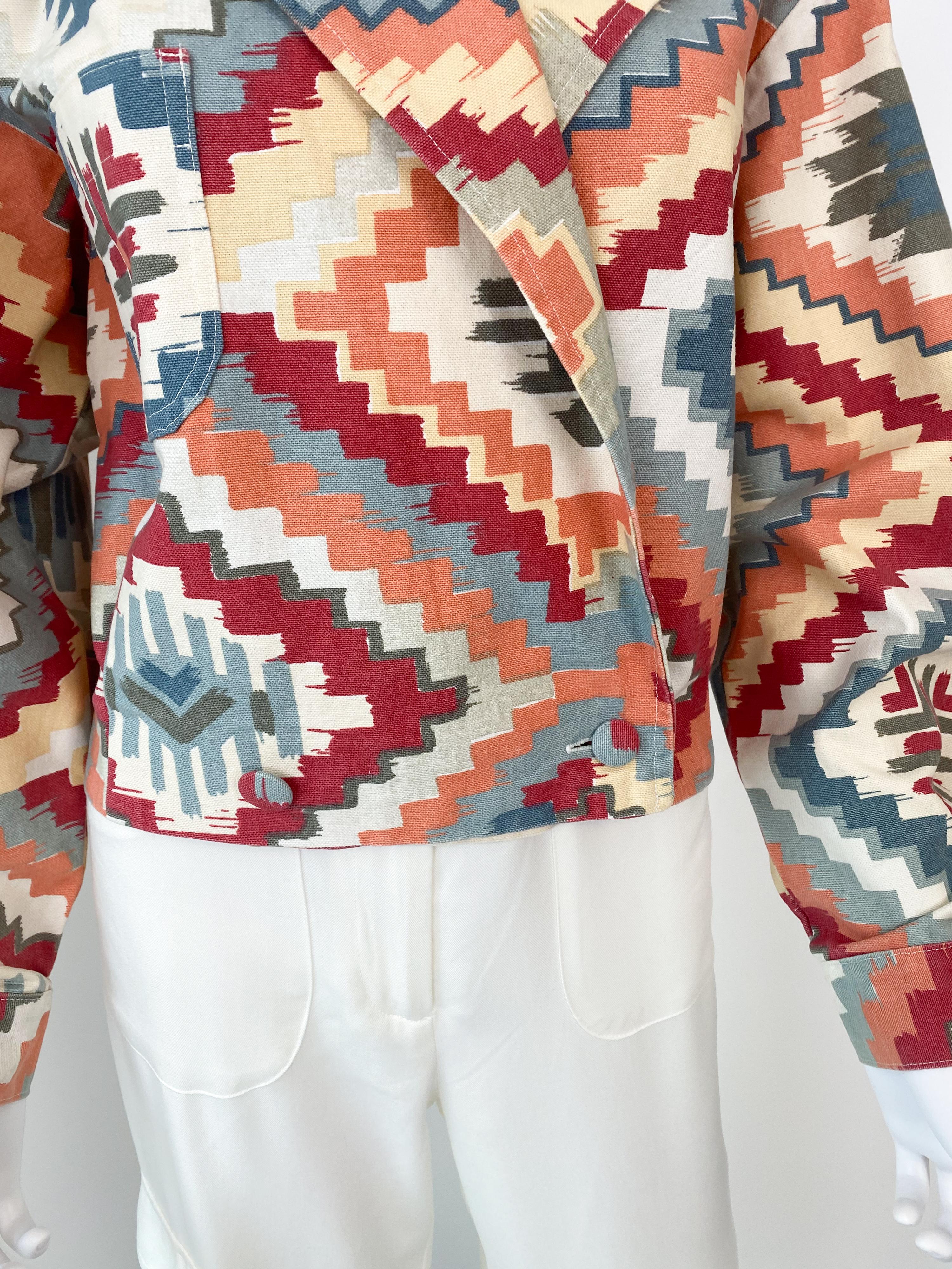 Women's Tapestry Ethnic Multicolor Print Double-Breasted Bomber Jacket Size 6/8 For Sale