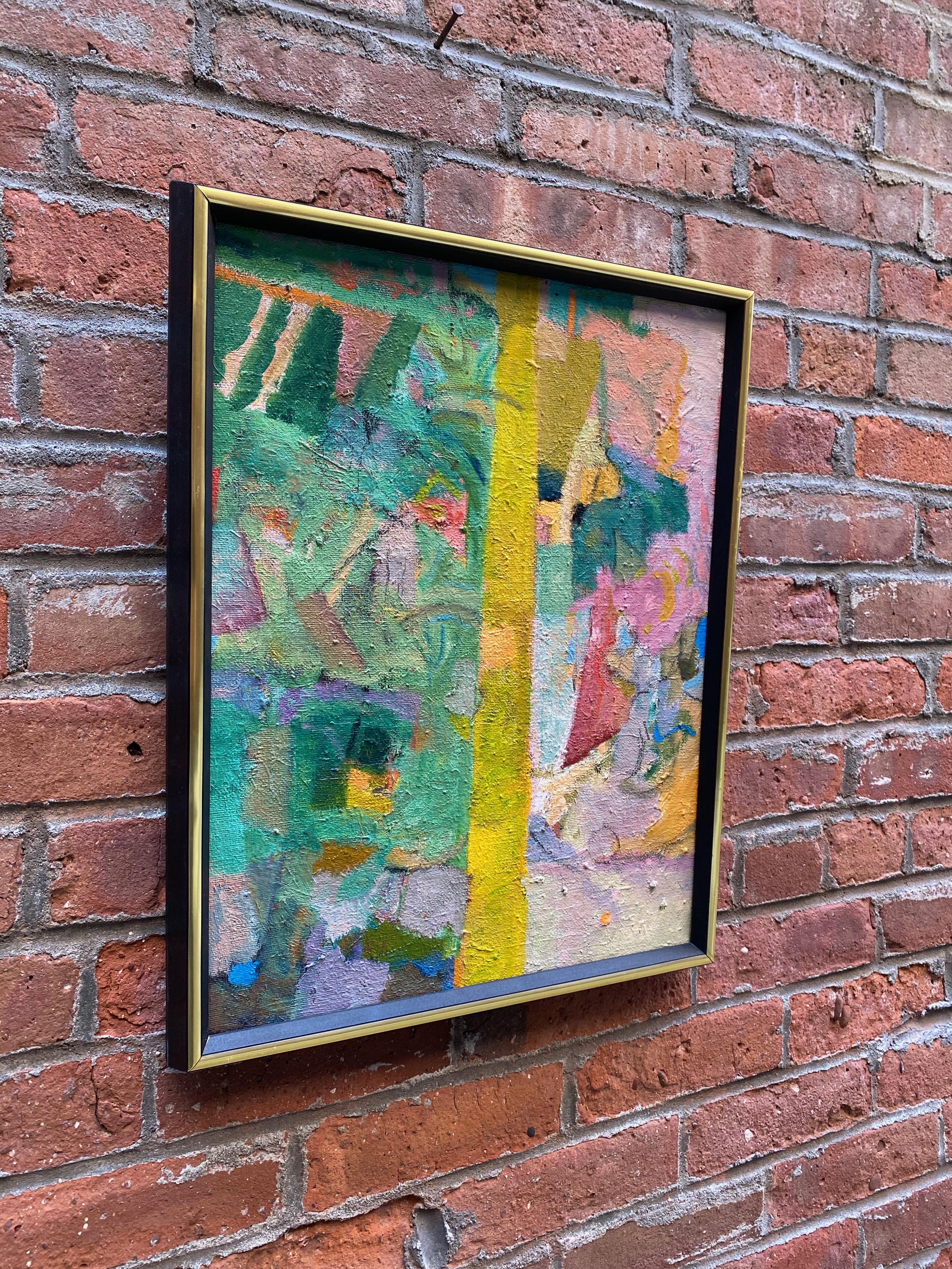 Oil paint on canvas entitled, tapestry figures, circa 1970-1971. Wonderfully worked canvas with a colorfully vibrant pastel palette. Good condition with no visible rips, tears, foxing, crazing or restorations. The framing treatment consists of a