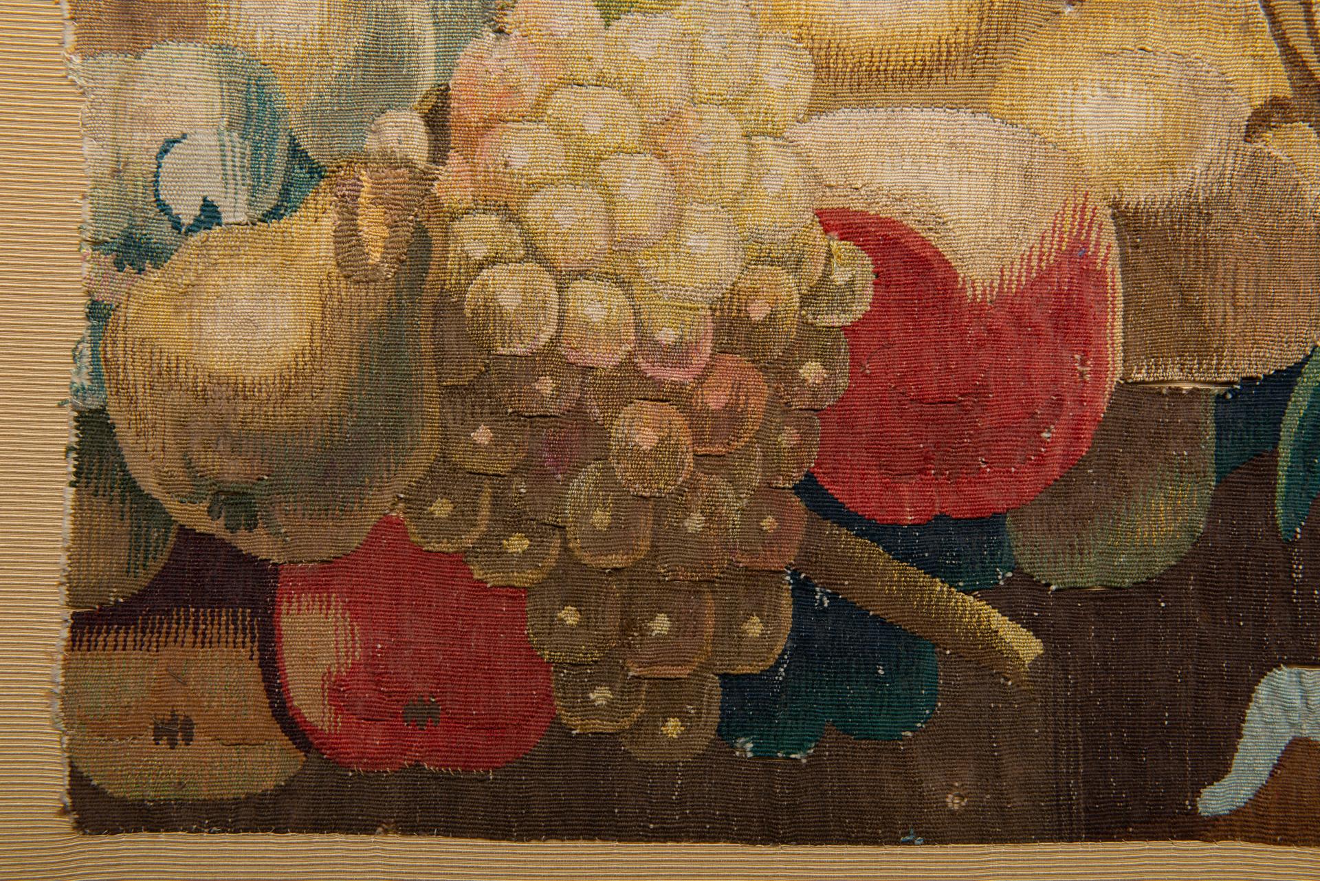 Wandteppichfragment mit Früchten auf Täfelung (Französisch) im Angebot